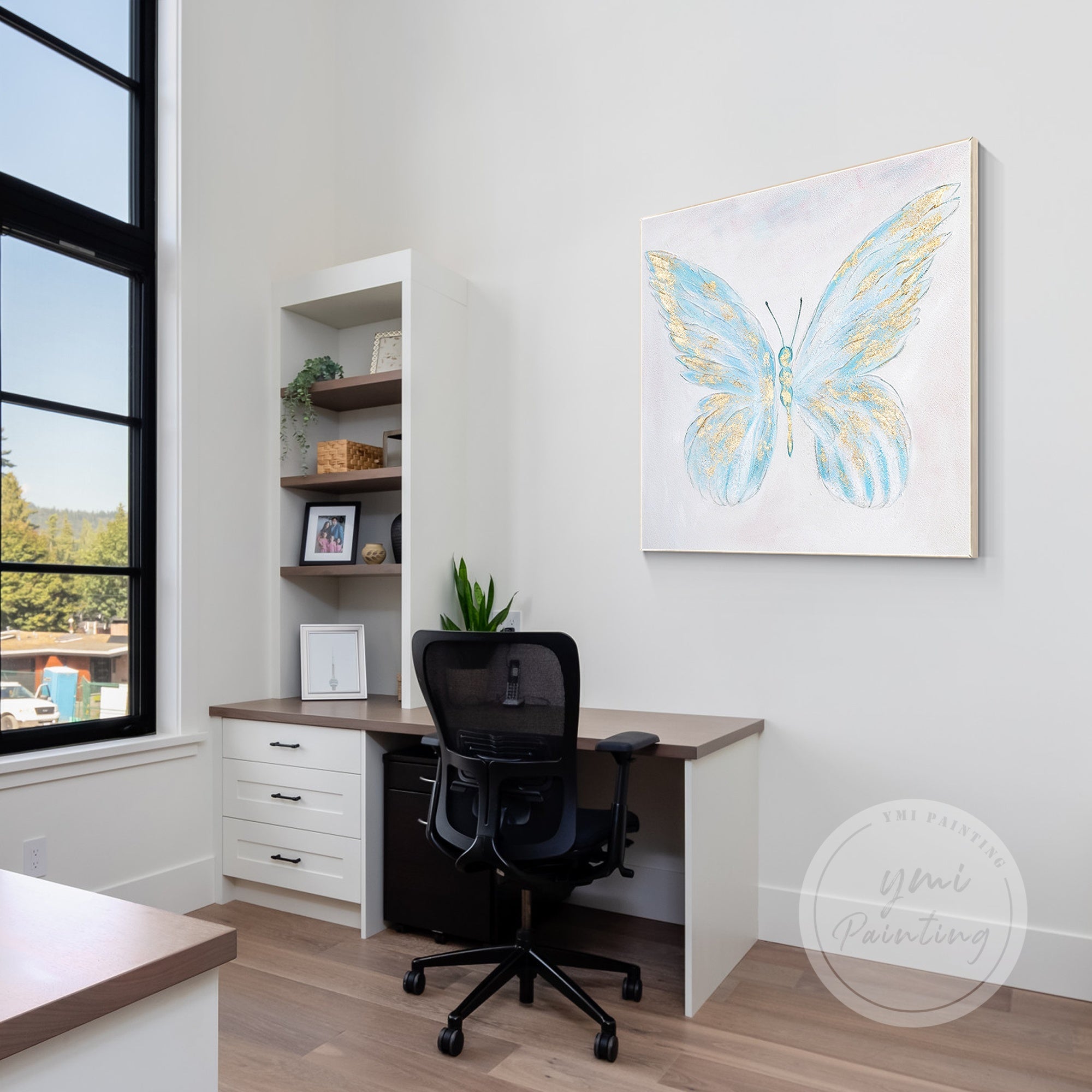Abstract Light Blue Butterfly Painting on a neutral canvas, designed to bring harmony and sophistication to your home.