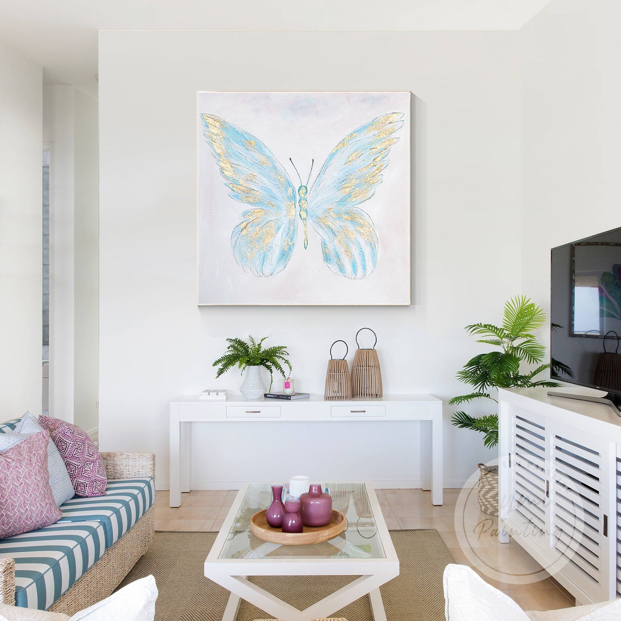 Handcrafted Oil Painting of a butterfly with rich textures and metallic highlights, ideal for refined interiors.