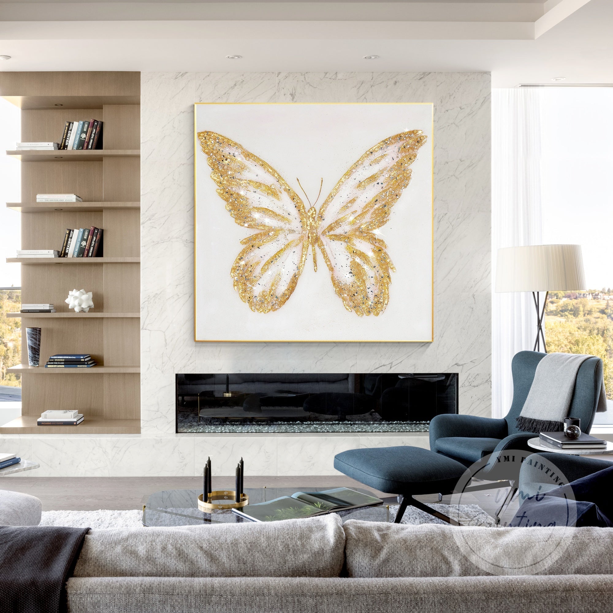 Original Large Butterfly Painting with gold details and shimmering resin finish, adding a luxurious touch to any space.