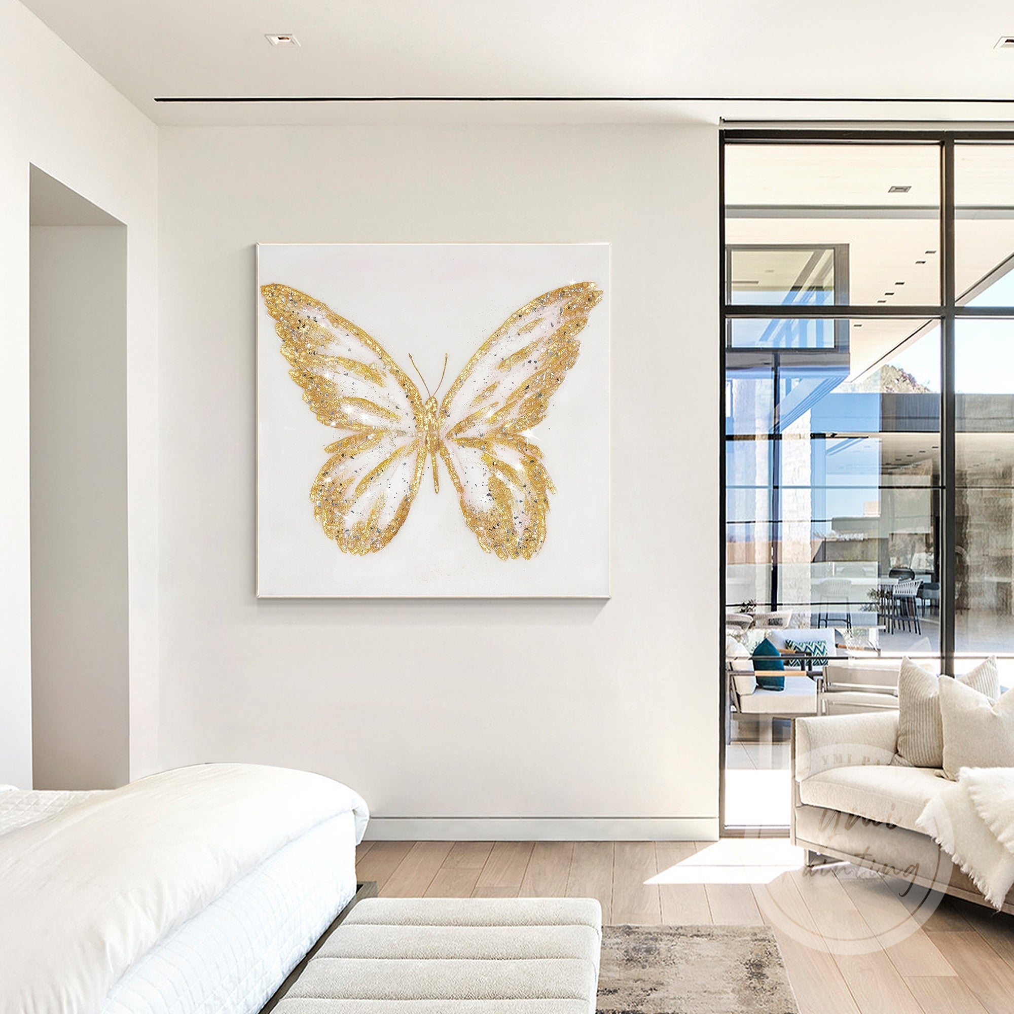 Gold Glitter Butterfly Art featuring crushed glass accents, perfect for a radiant and modern home decor.