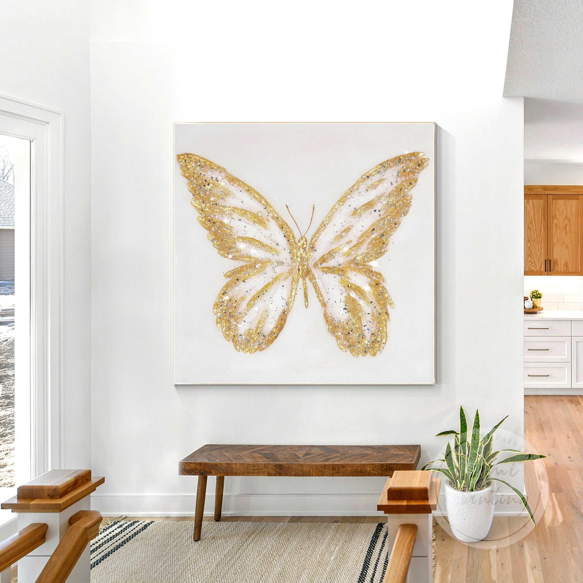 Handmade Crushed Glass Butterfly Artwork with a unique 3D effect, reflecting light beautifully in any setting.