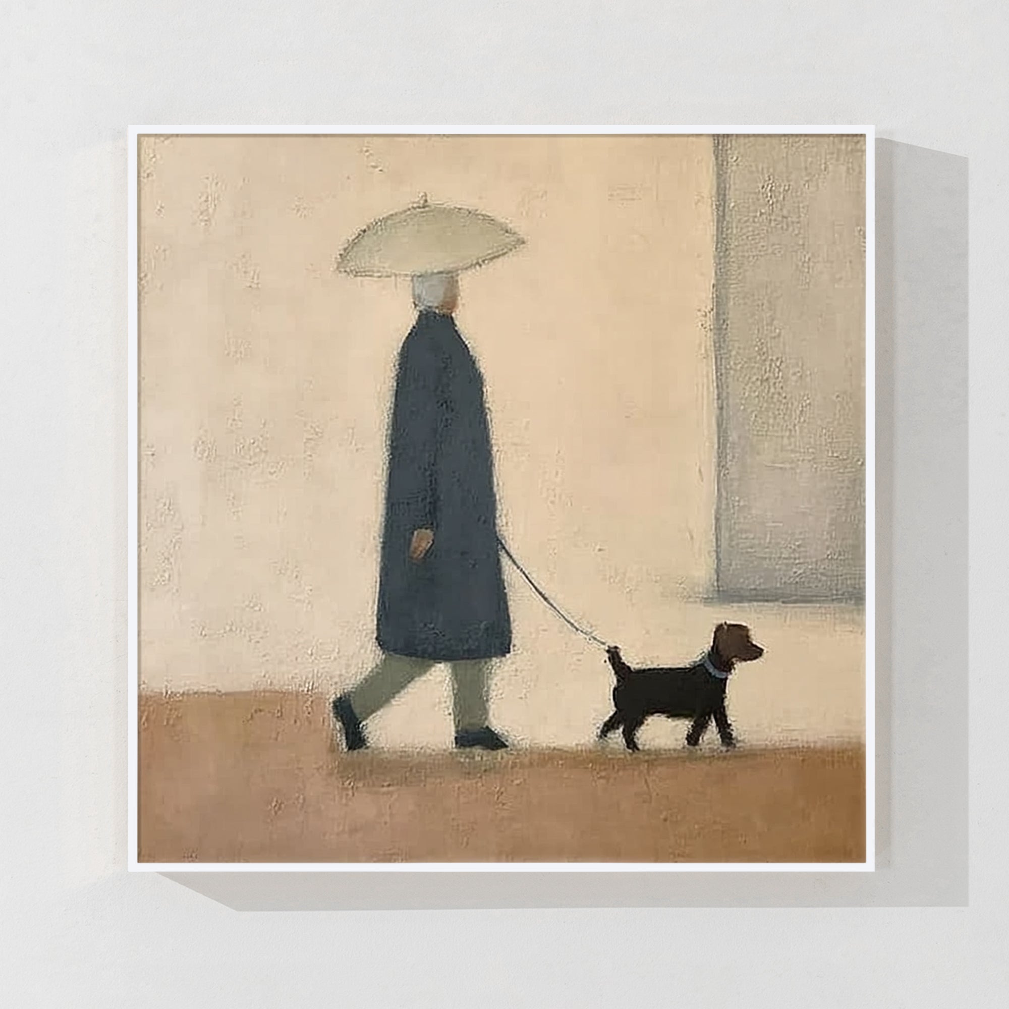Minimalist wall art of a person walking a dog in a calm street, displayed in a cozy living room.