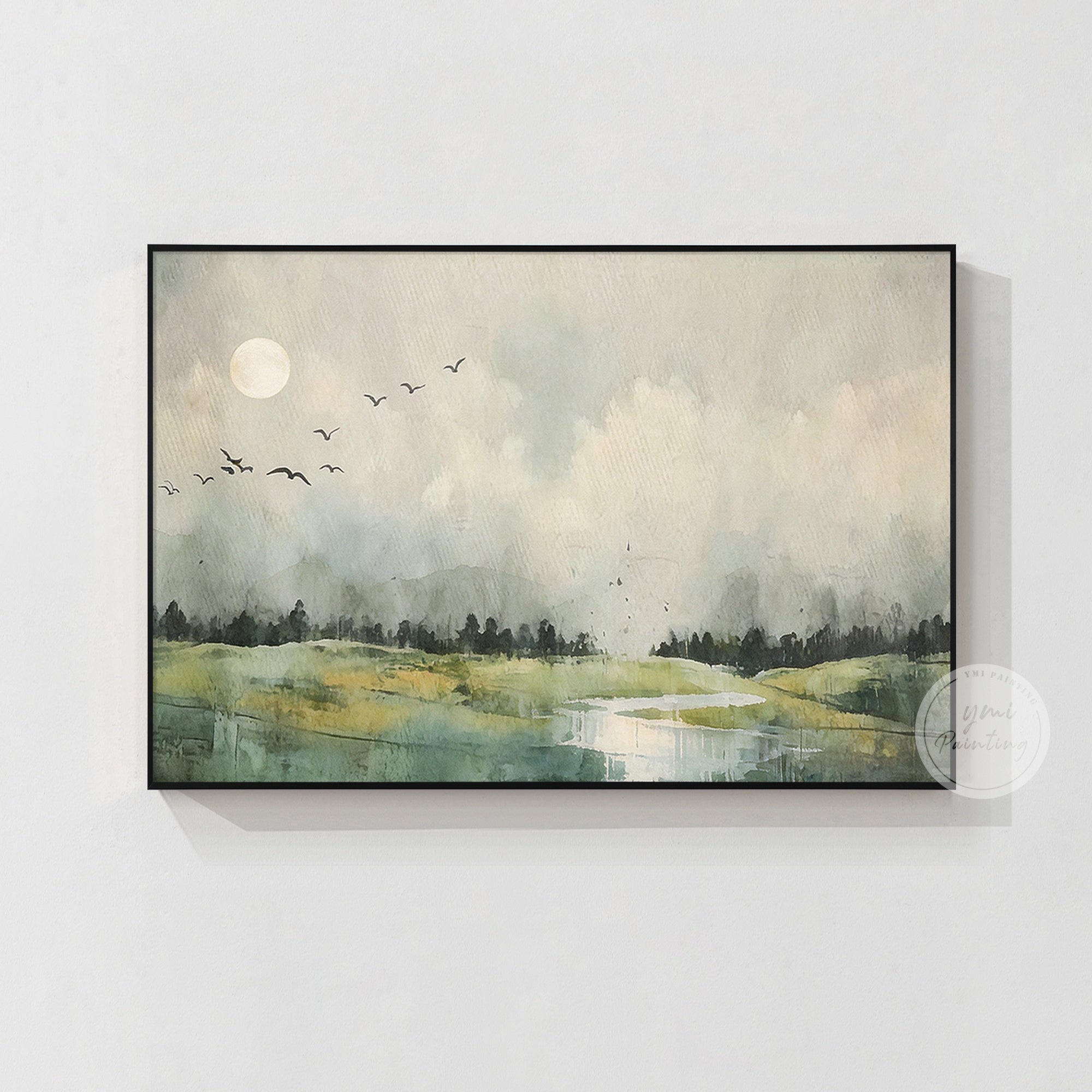 Atmospheric misty countryside painting in muted tones