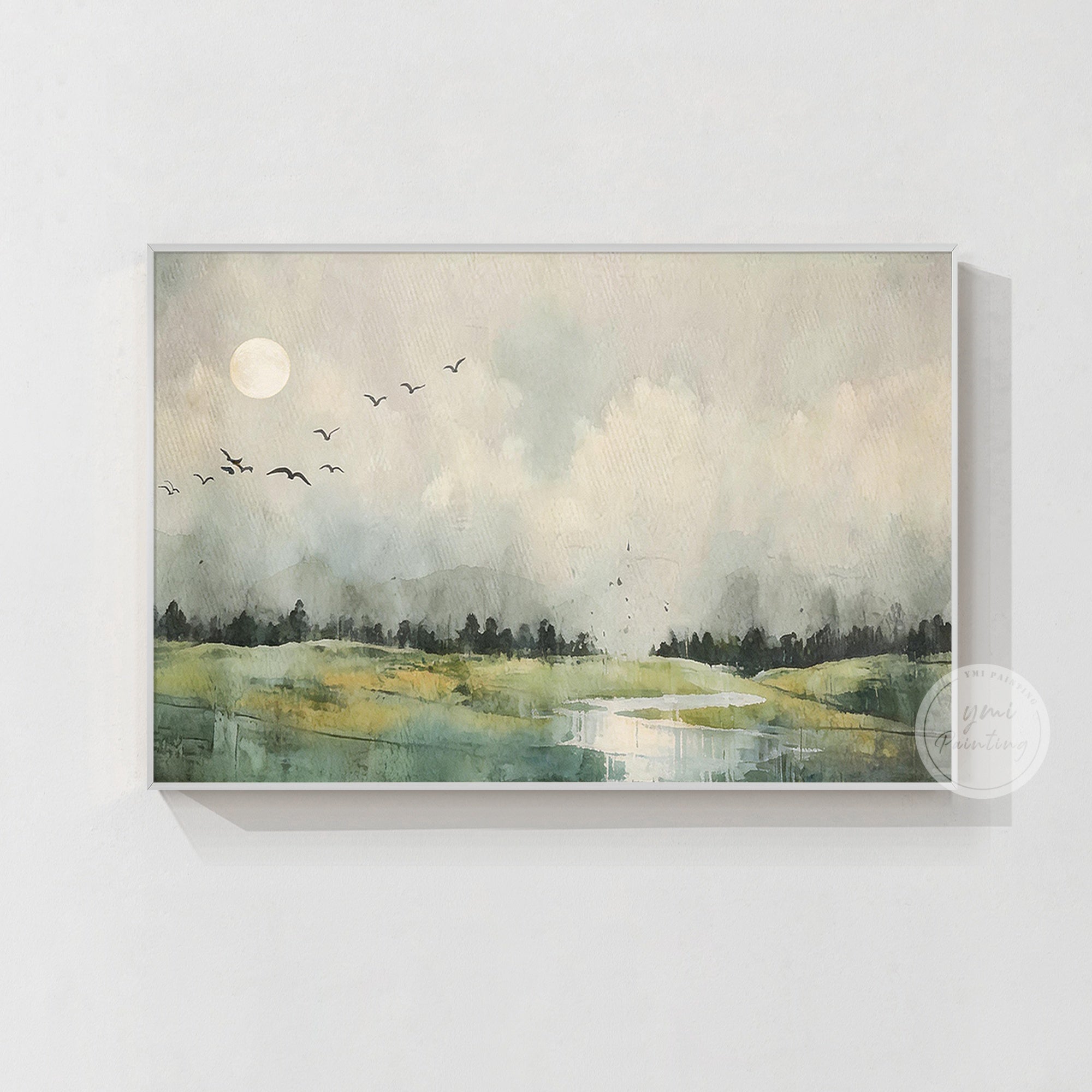 Tranquil nature wall art with sky clouds and open fields
