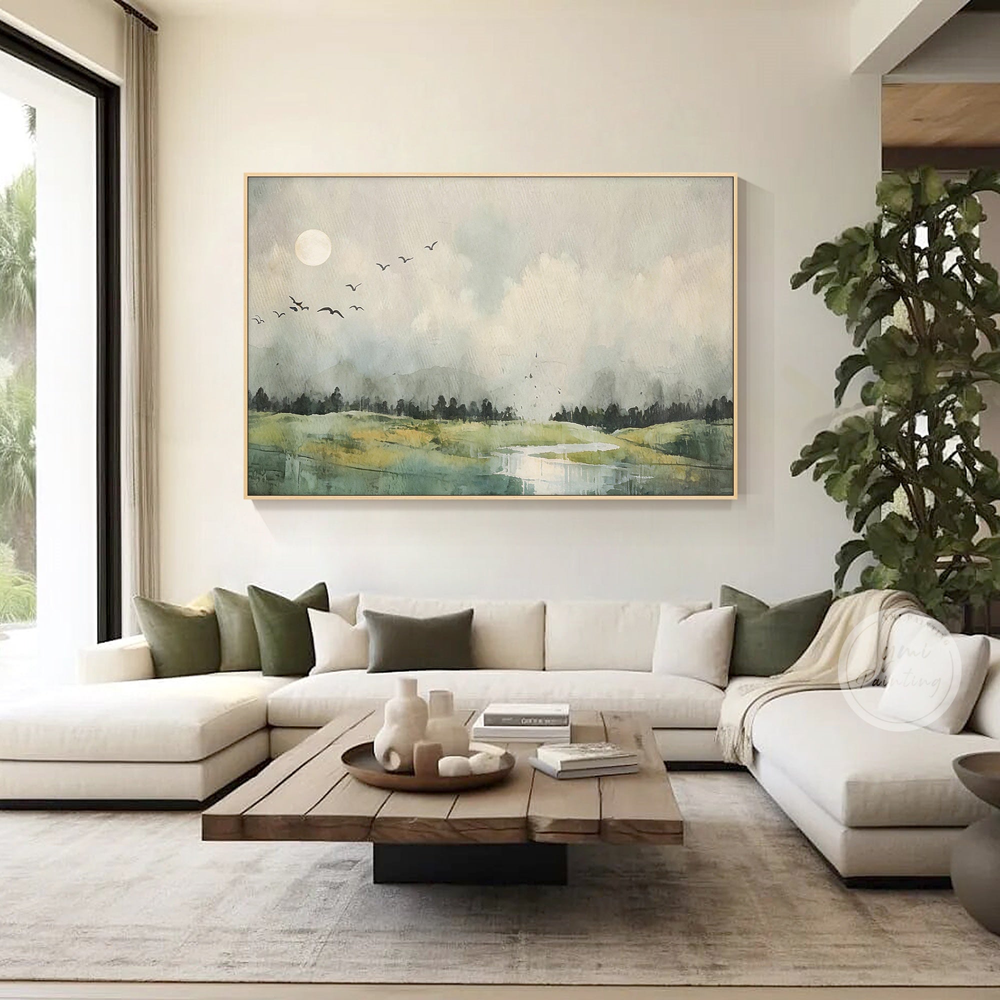 Serene green countryside wall art with soft atmospheric sky