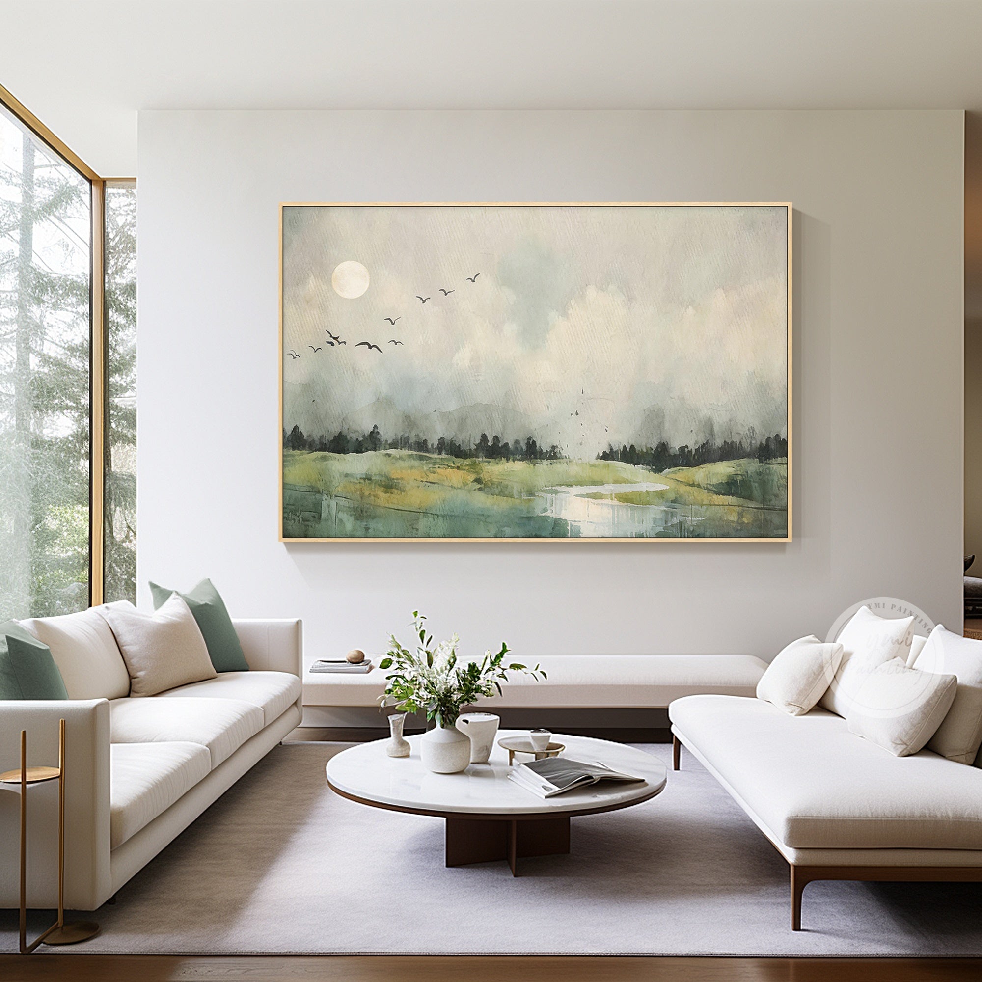 Soft dreamy landscape painting with birds in the sky