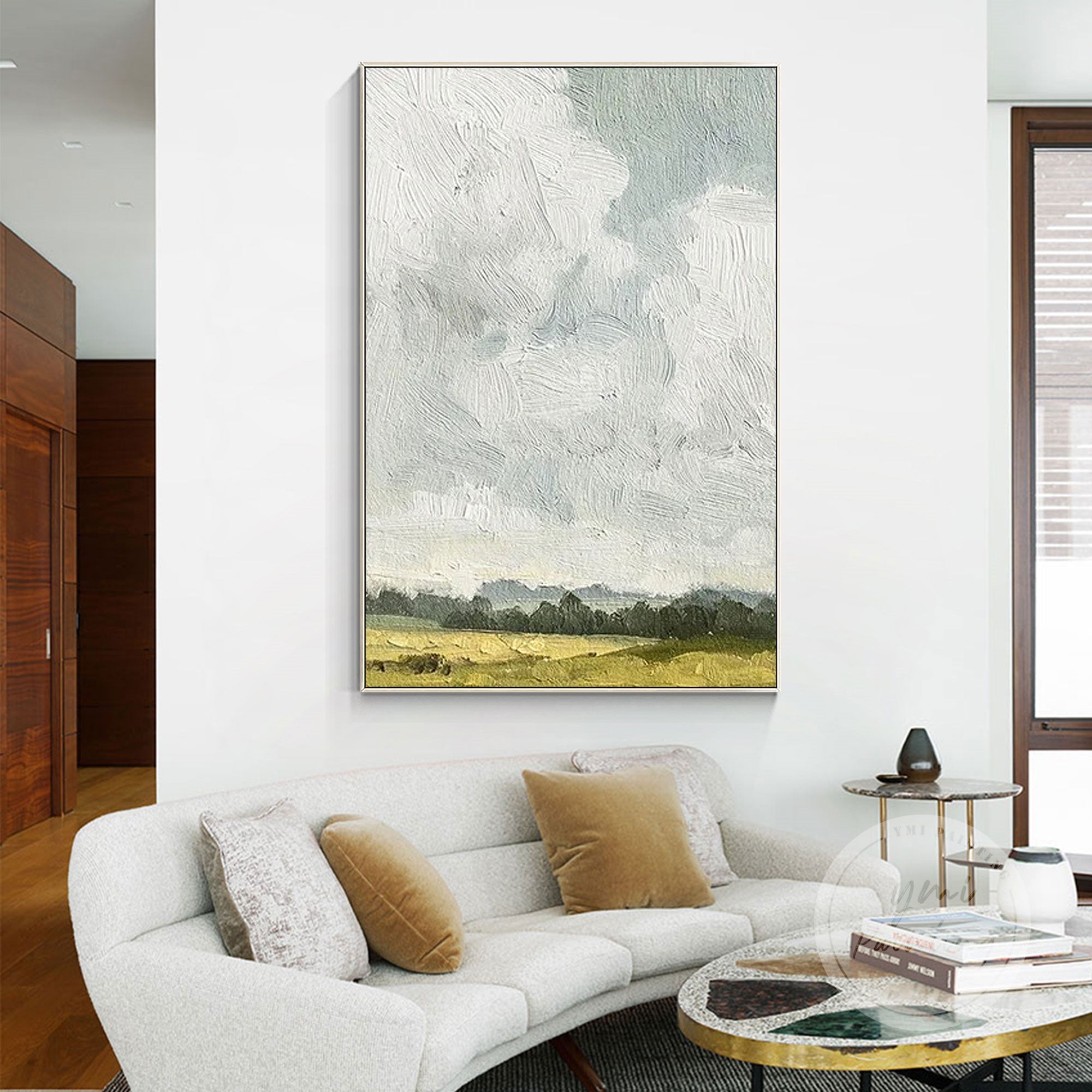 Tranquil landscape painting of nature with distant horizon.