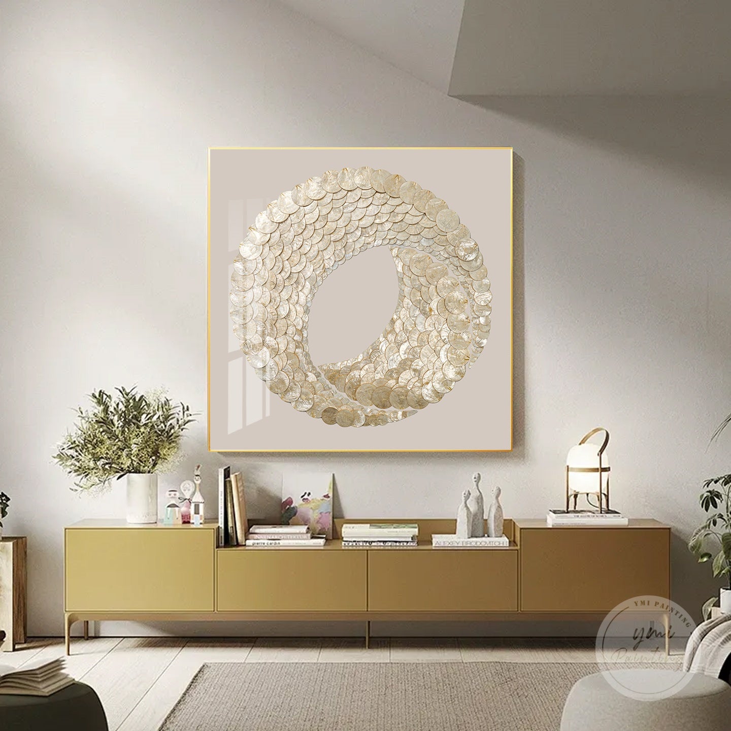 Capiz shell wall hanging featuring warm taupe tones and shimmering gold highlights.