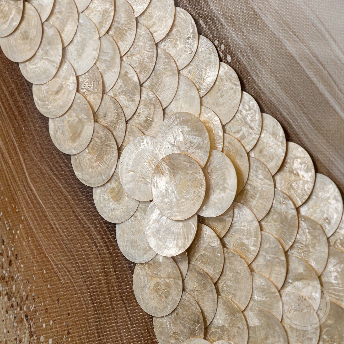 Handcrafted 3D capiz artwork showcasing shimmering gold and natural shell patterns.