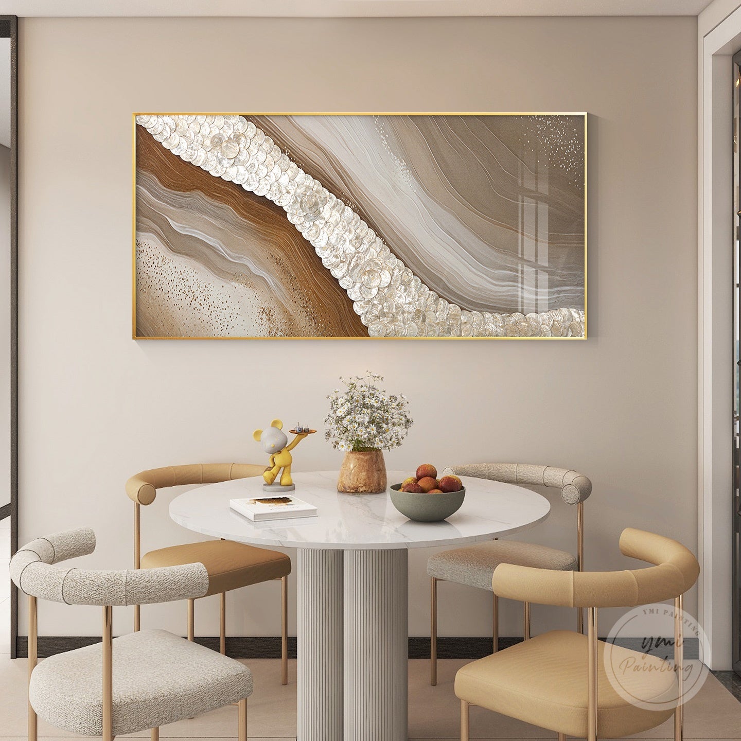 Elegant sea shell wall art in gold and earth tones, adding sophistication to any room.