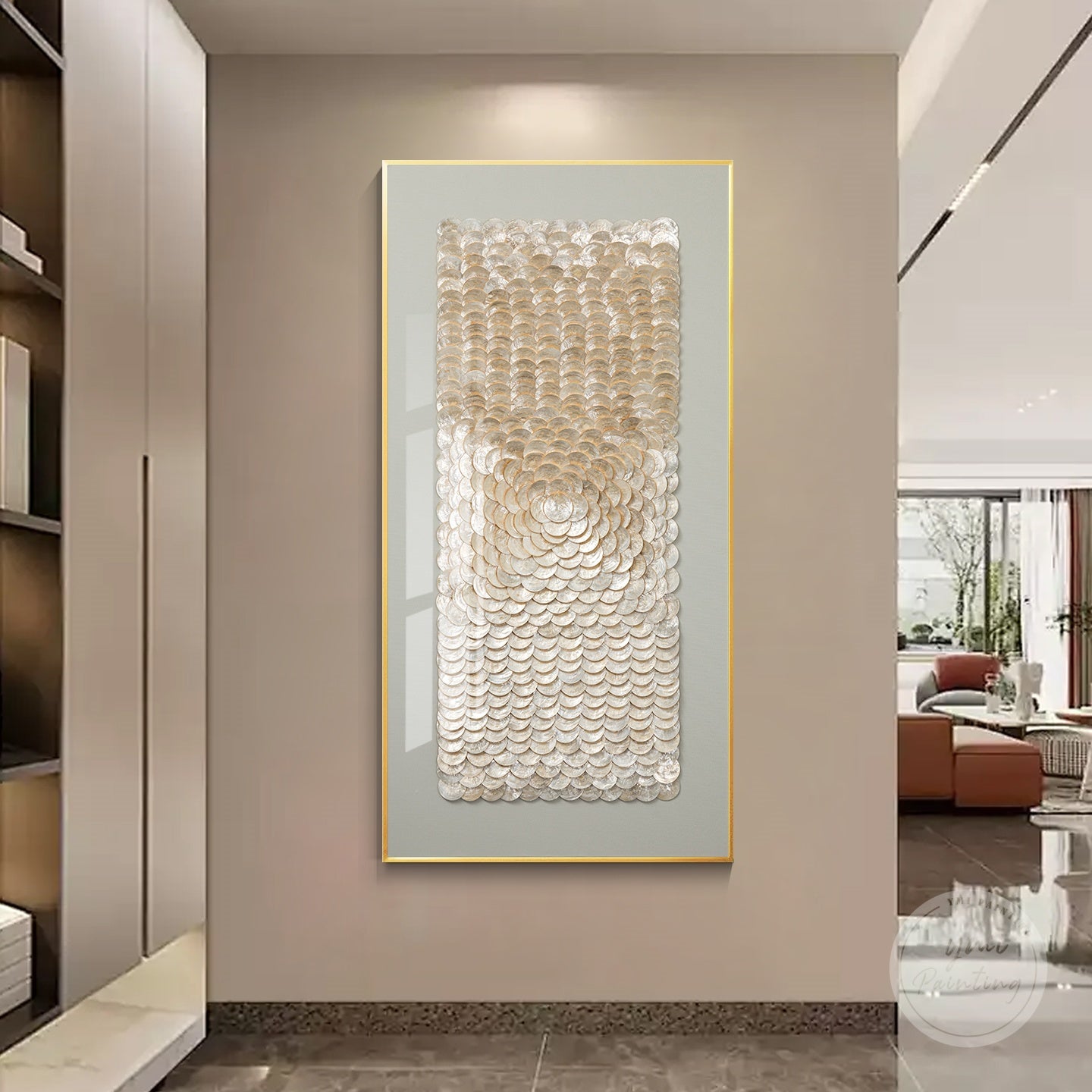 Modern capiz shell decor in muted green-gray hues, perfect for bedroom or hallway styling.