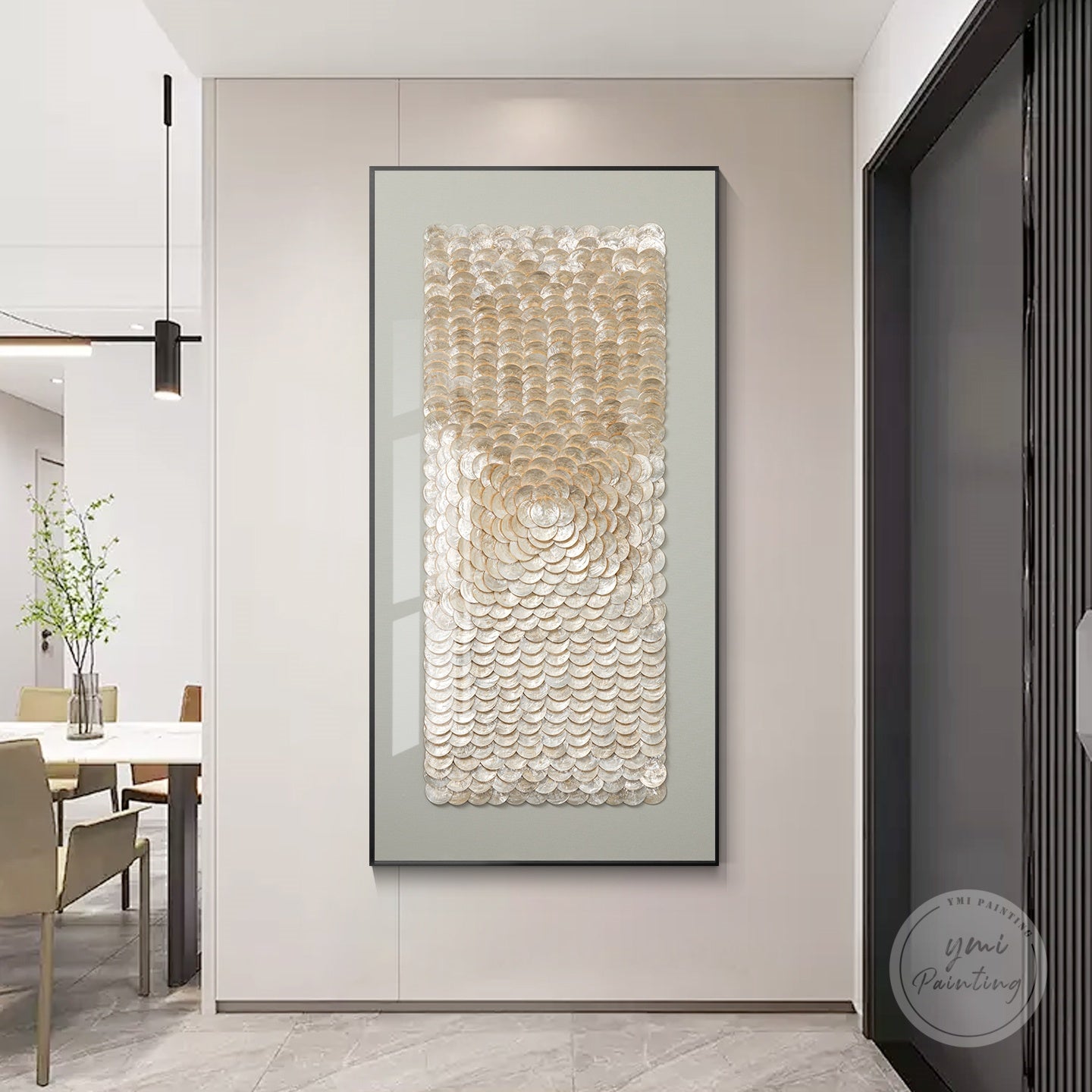 Capiz shell artwork with soft gold details, ideal for sophisticated wall décor.