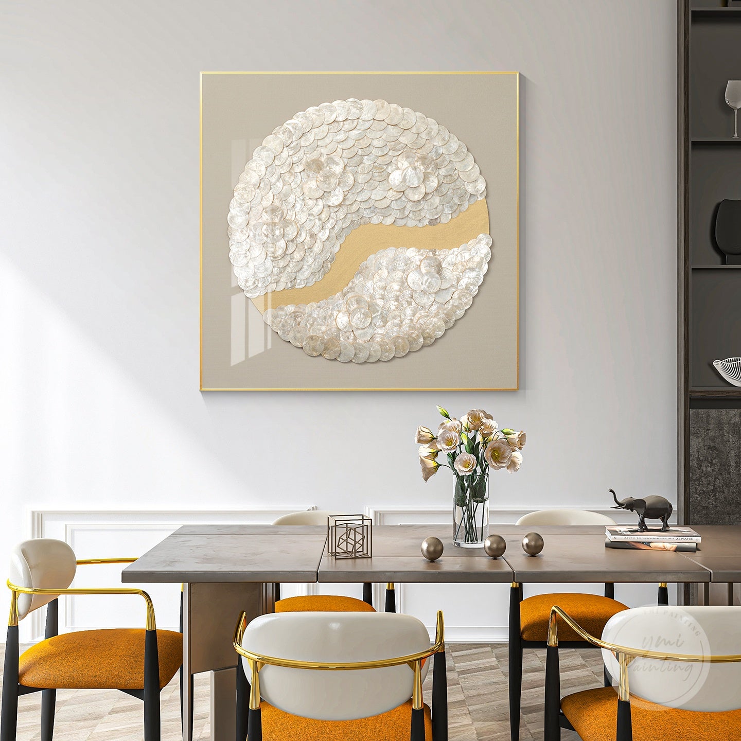 Sea shell wall art made with handcrafted capiz shells, creating refined coastal charm.