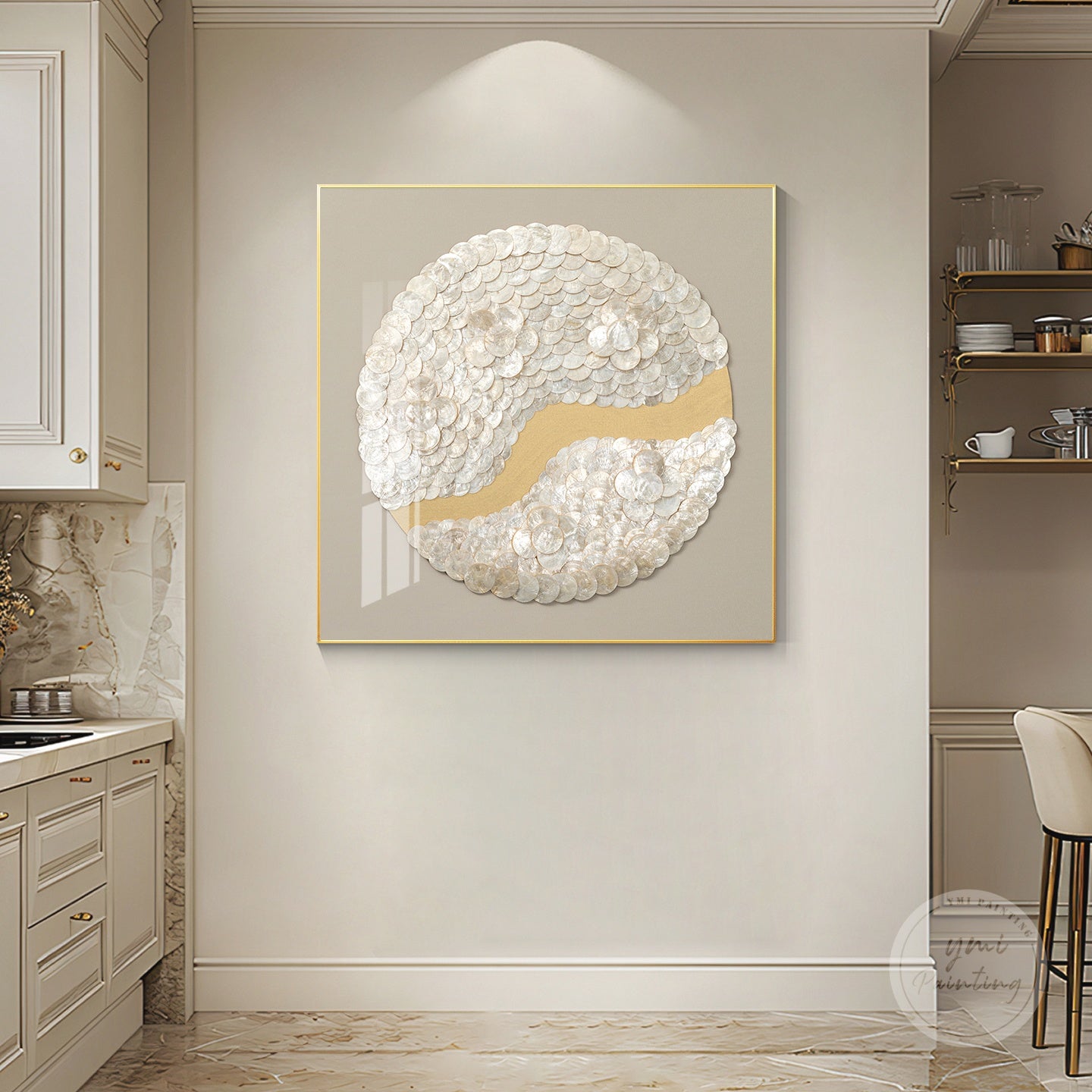 Shell shadow box wall art with layered capiz pieces, adding depth and natural luster.