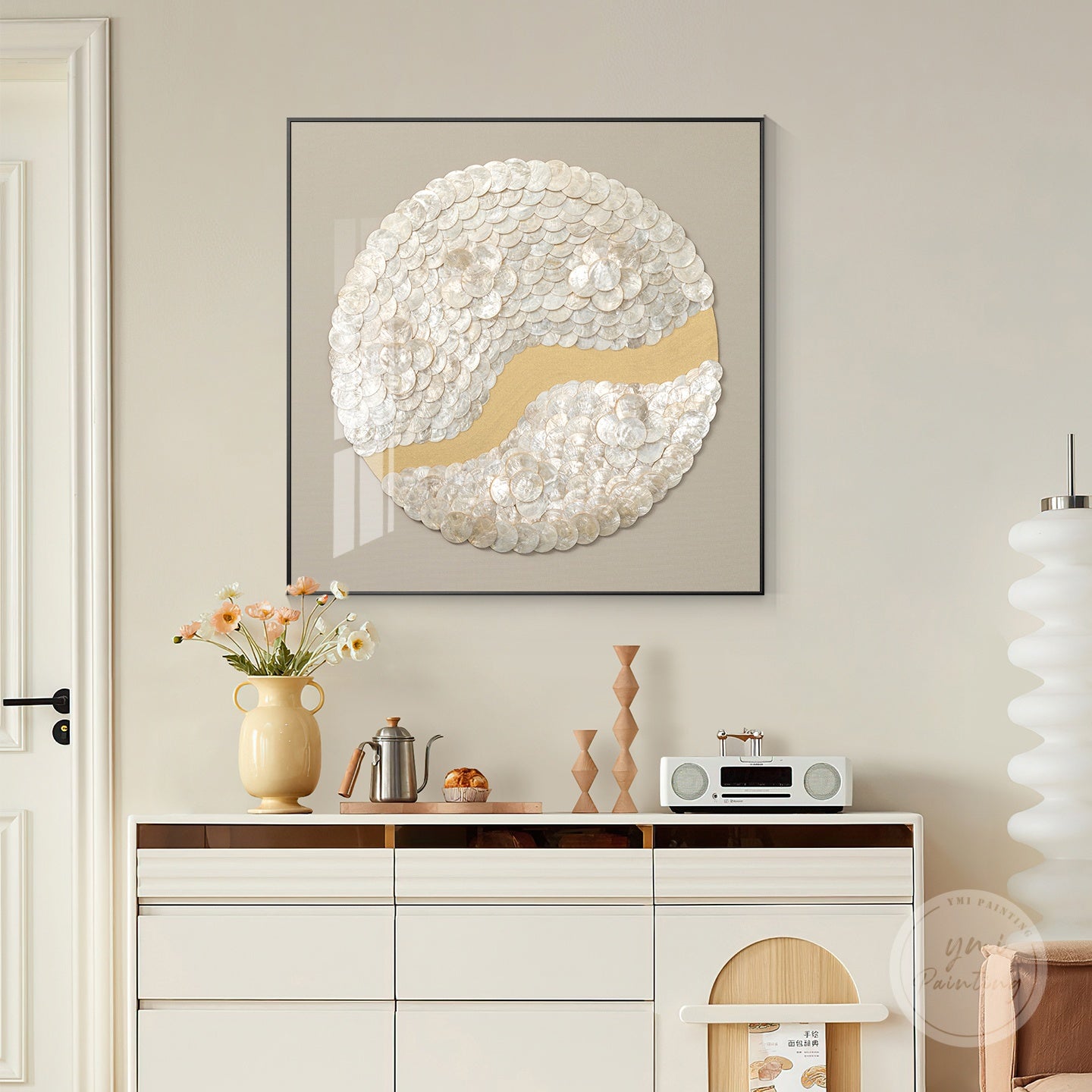 Modern capiz wall hanging with neutral tones and gold shimmer, suitable for minimalist interiors.