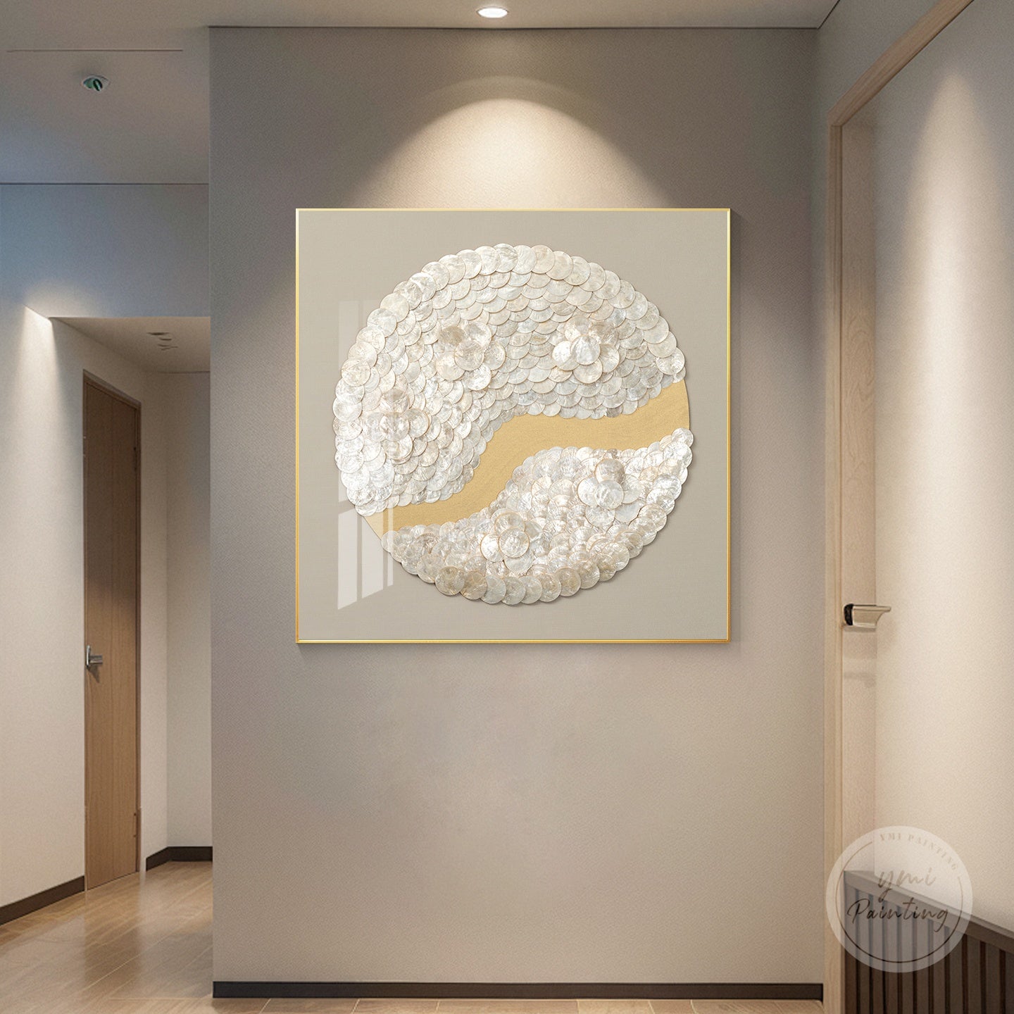 Handcrafted capiz shell wall art, blending soft greige and gold for elegant wall décor.