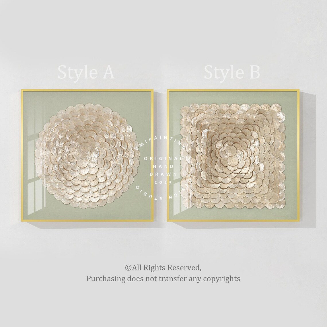 Large gold capiz shell art with sage green and soft olive tones, a luxury wall decor perfect for living rooms or modern entryways.