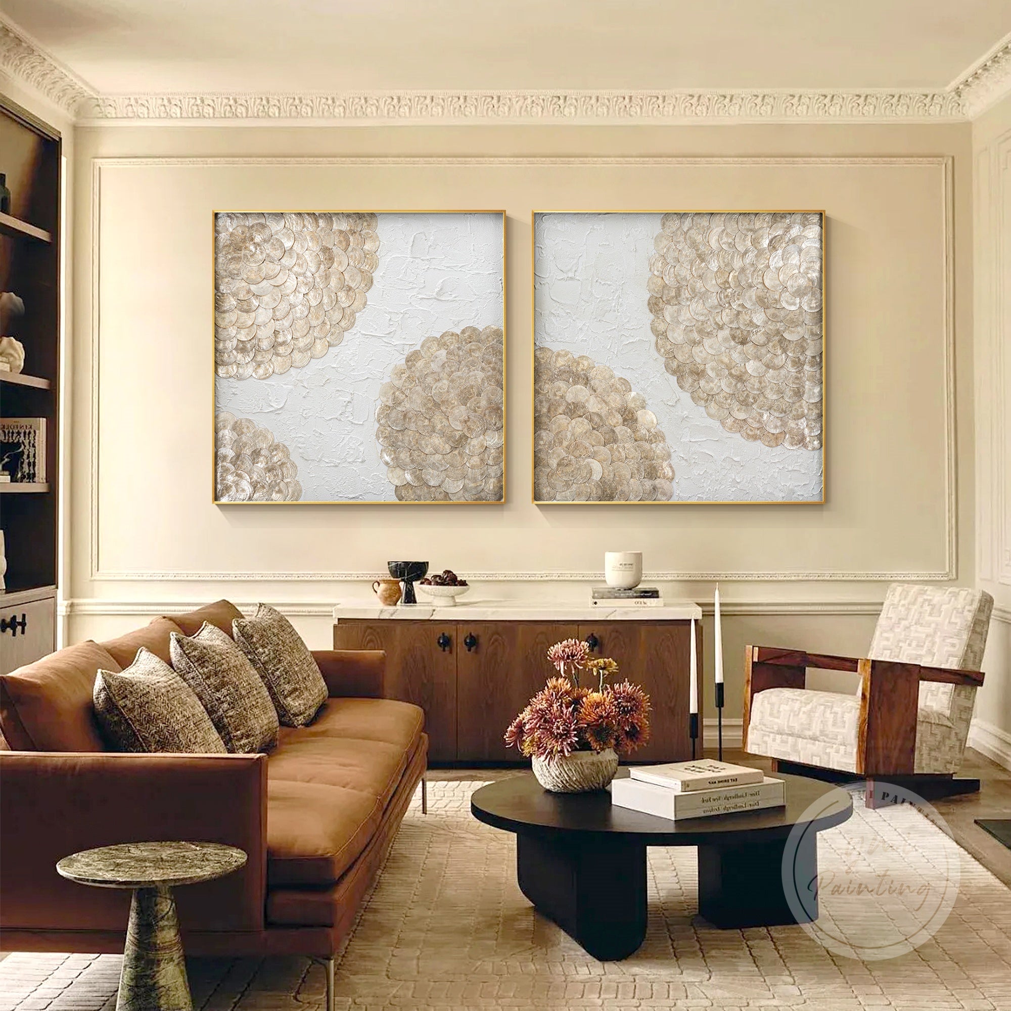 Original capiz shell wall art set in beige and white, framed in elegant 3D shadowbox.