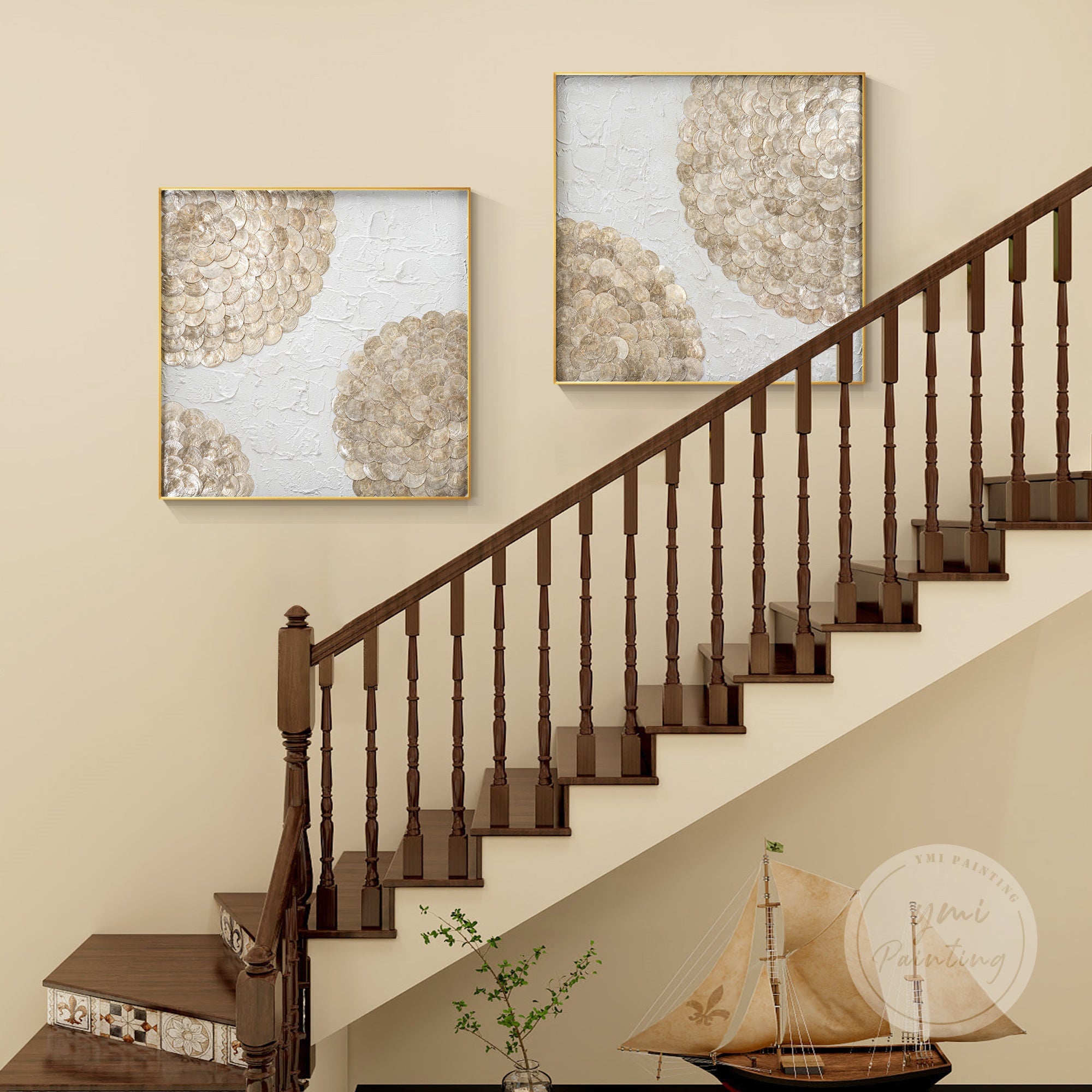 Framed capiz wall decor with layered shell textures, ideal for office or beach-inspired homes.