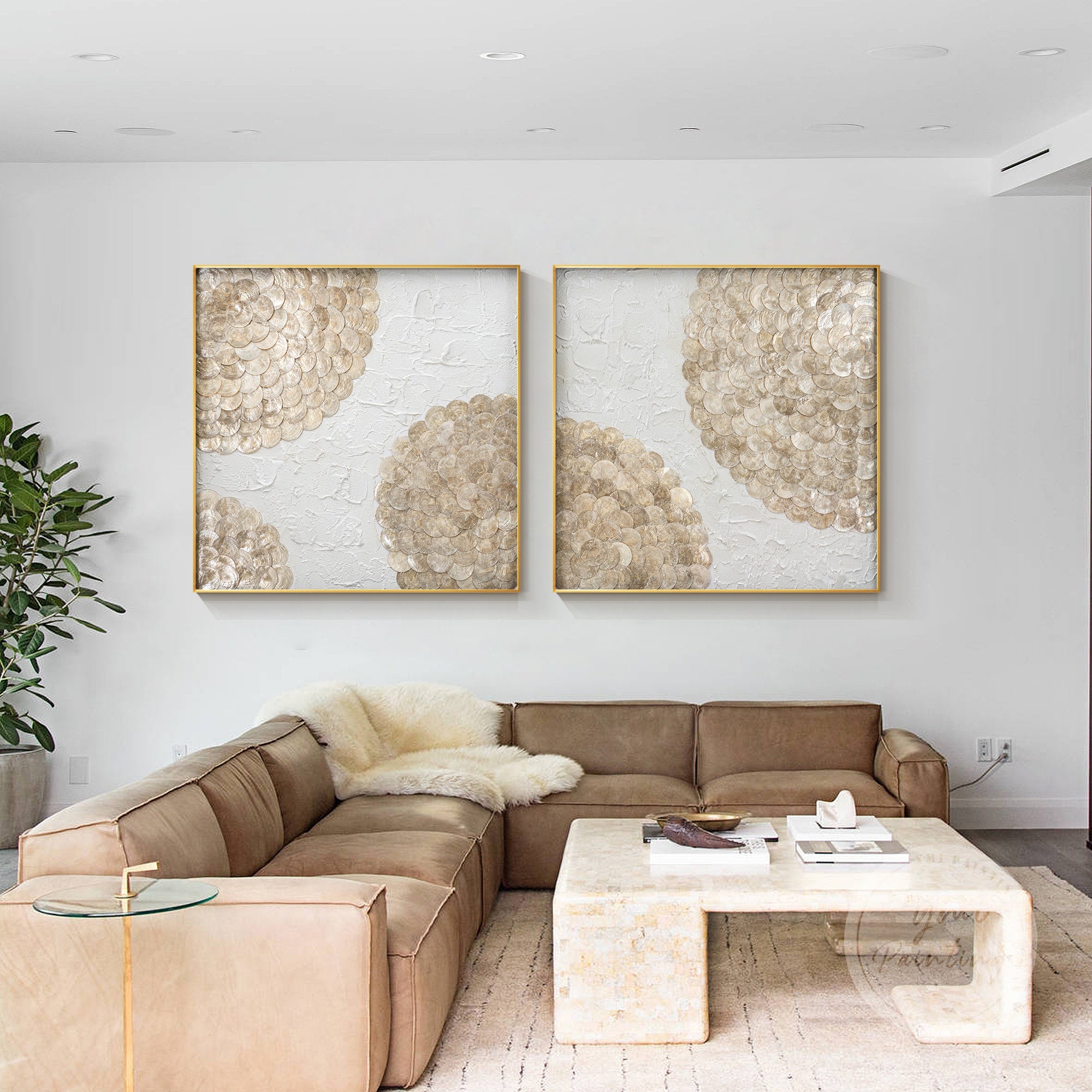 Set of shell shadowbox wall art with white and beige tones, exuding minimalist coastal charm.