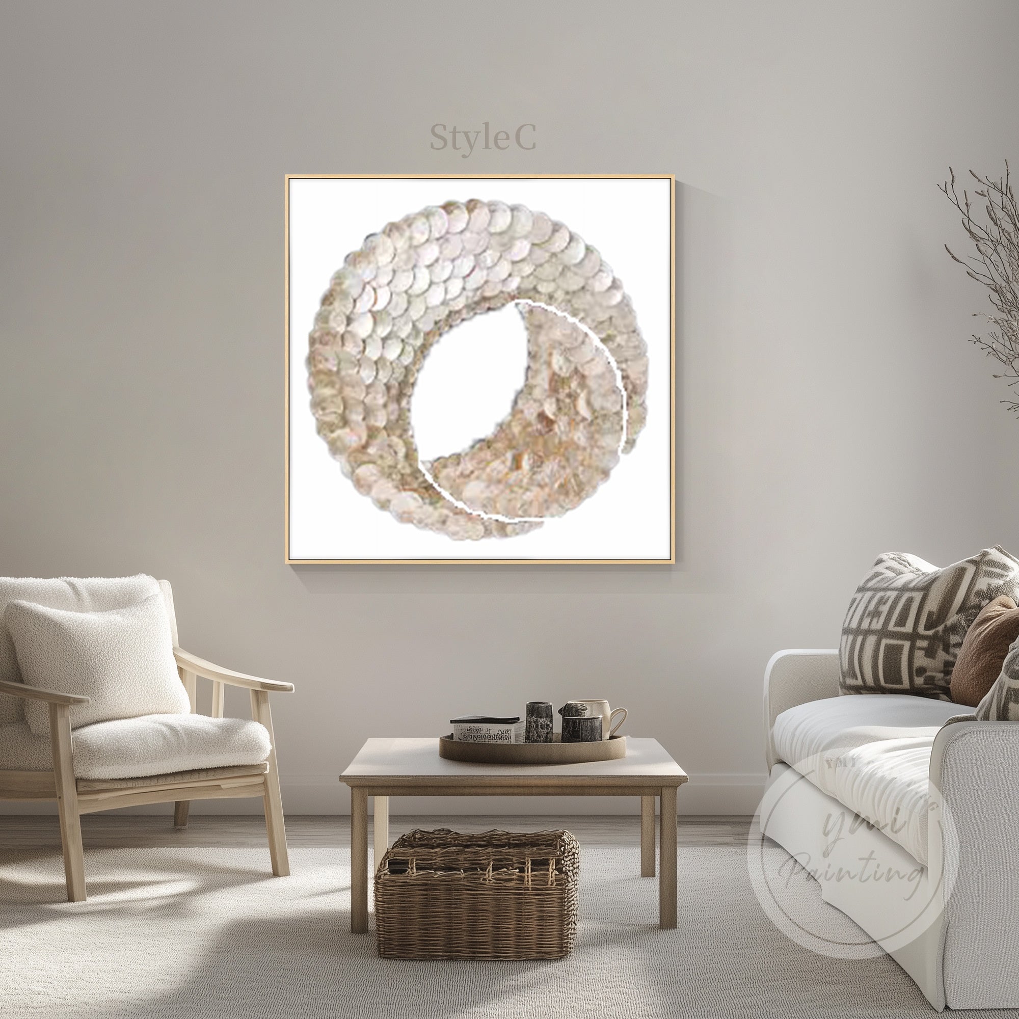 Luxurious Capiz Shell Yin-Yang Wall Art with white and gold tones, handcrafted in 3D for a stunning modern aesthetic.