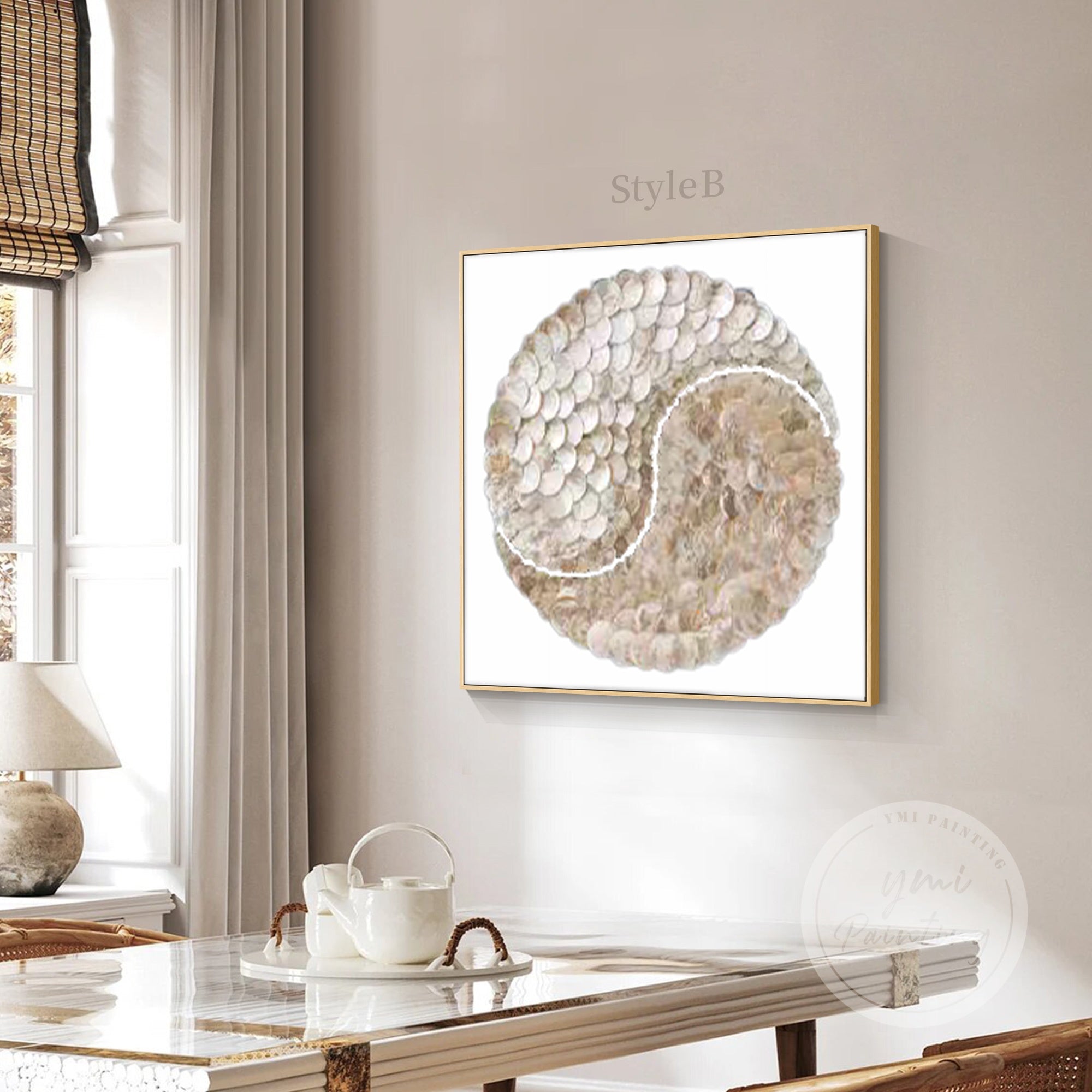 Handmade 3D Capiz Shell Decor featuring an elegant yin-yang design, perfect for entryways or stairwell art.