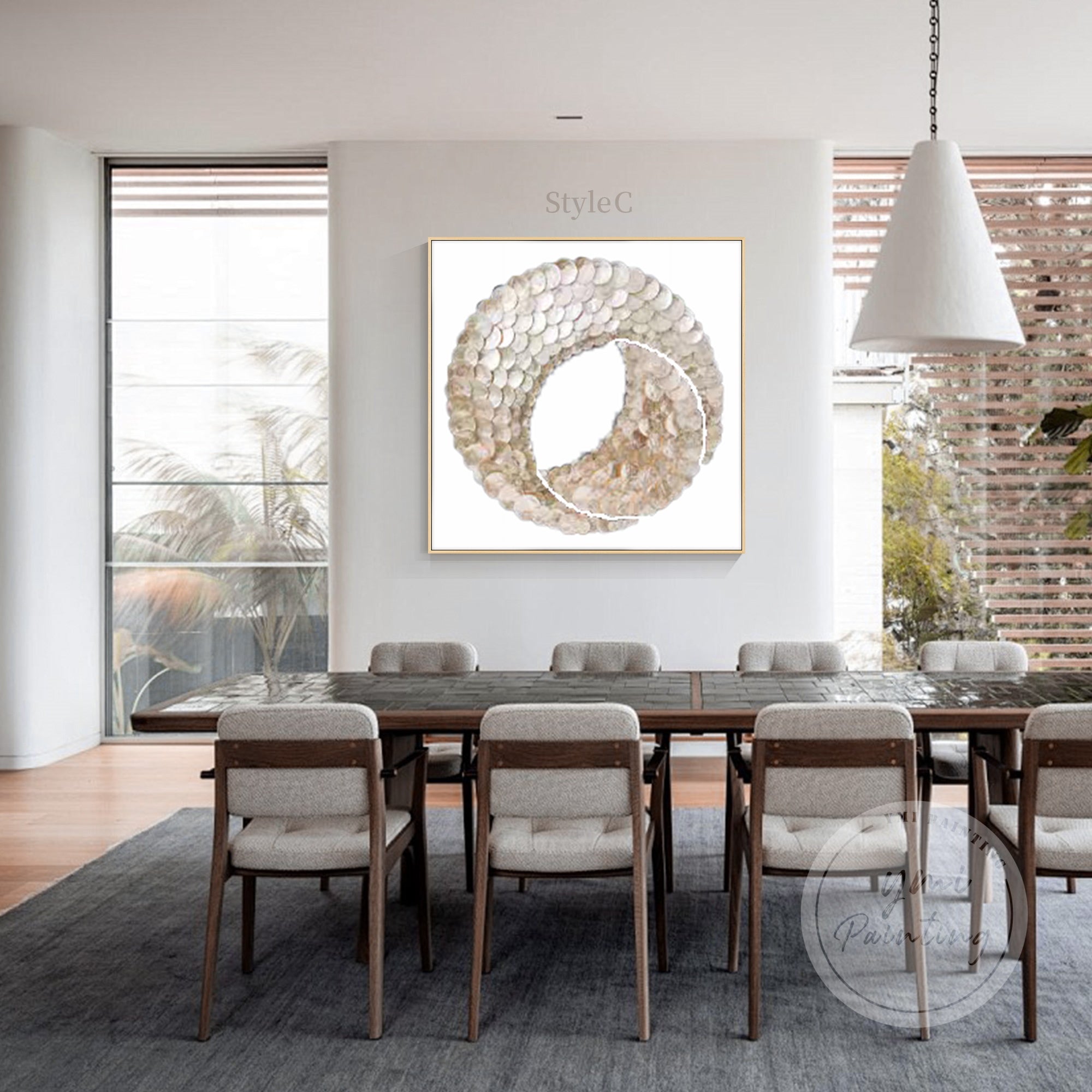 White and gold Capiz shell wall art with shimmering textures and a minimalist balance theme.