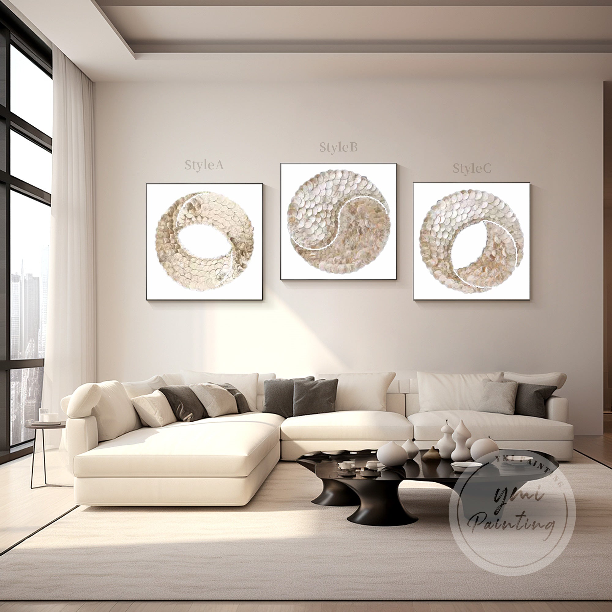 Artistic Gold and White Capiz Shell Decor, ideal for luxury office lobbies and tranquil home interiors.