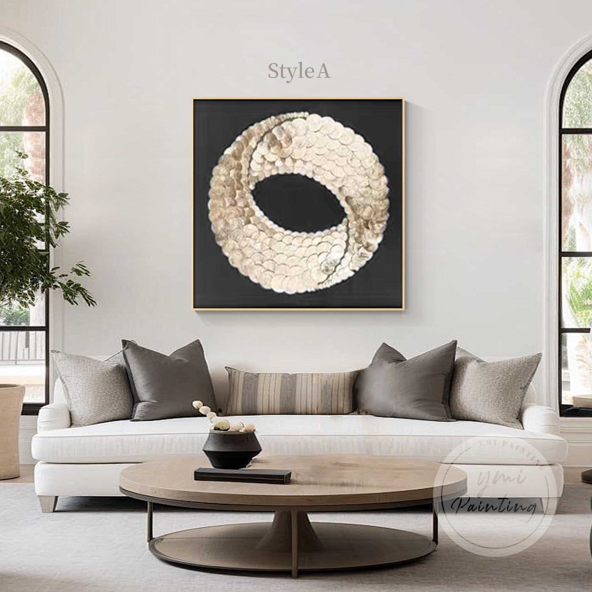 Handmade 3D yin-yang wall art with gold and black capiz shells.