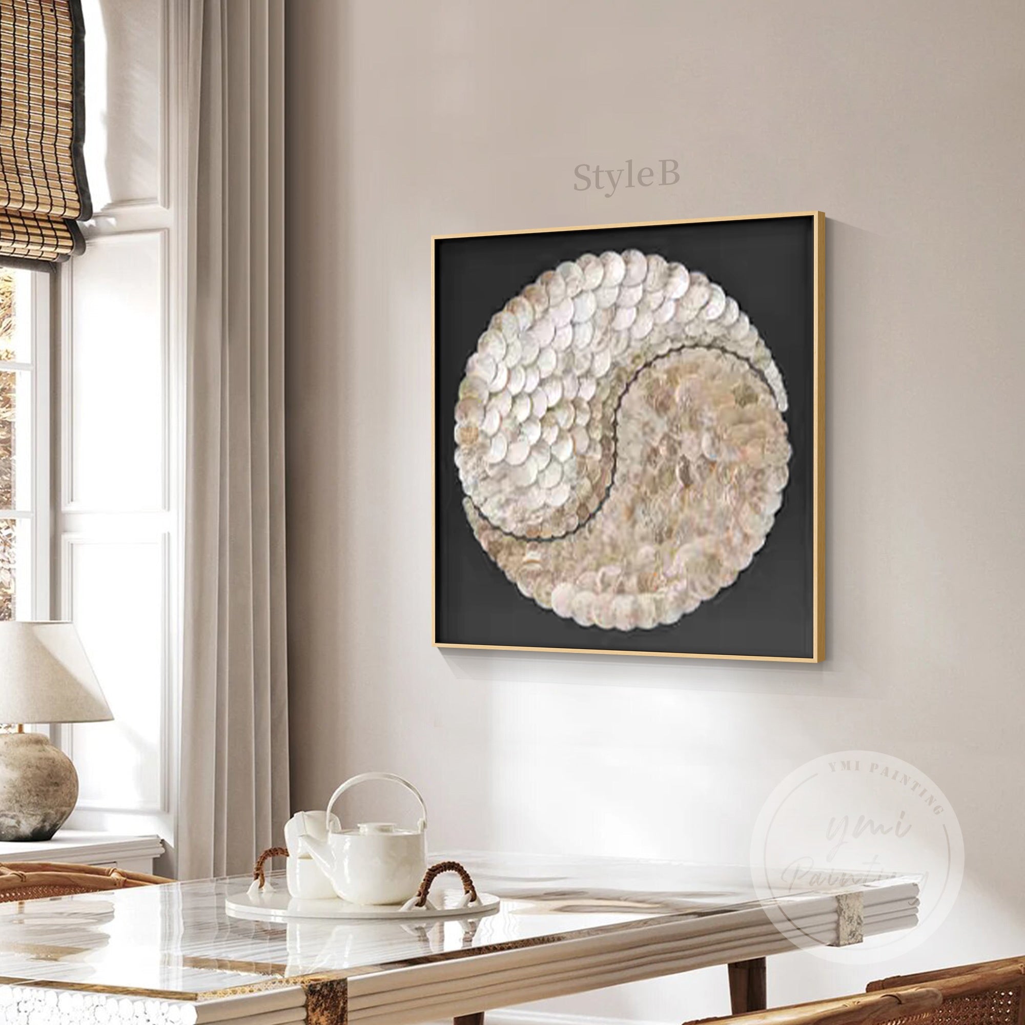 Luxury shell decor in a balanced yin-yang design.