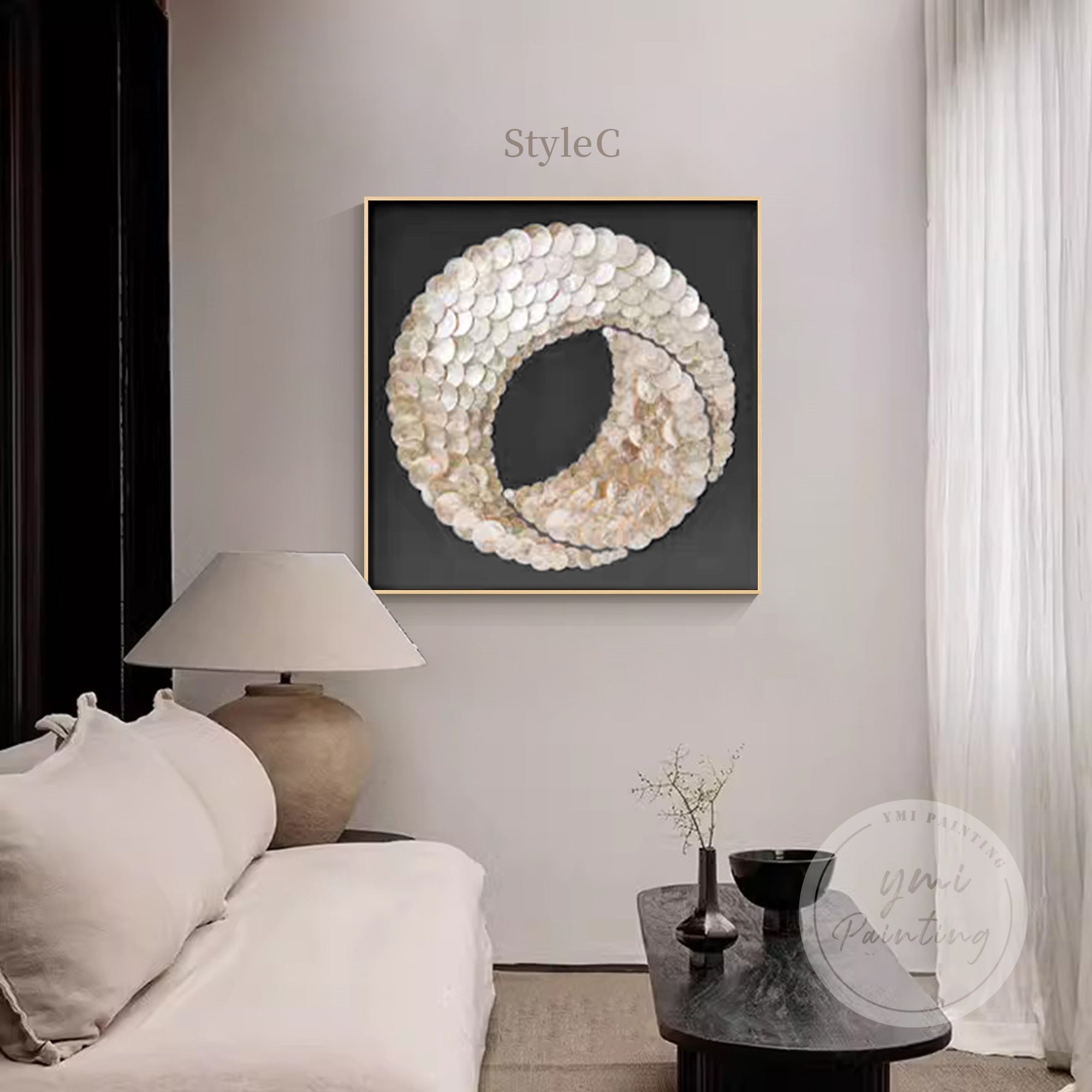 Tall wall hanging with shimmering gold and matte black textures.