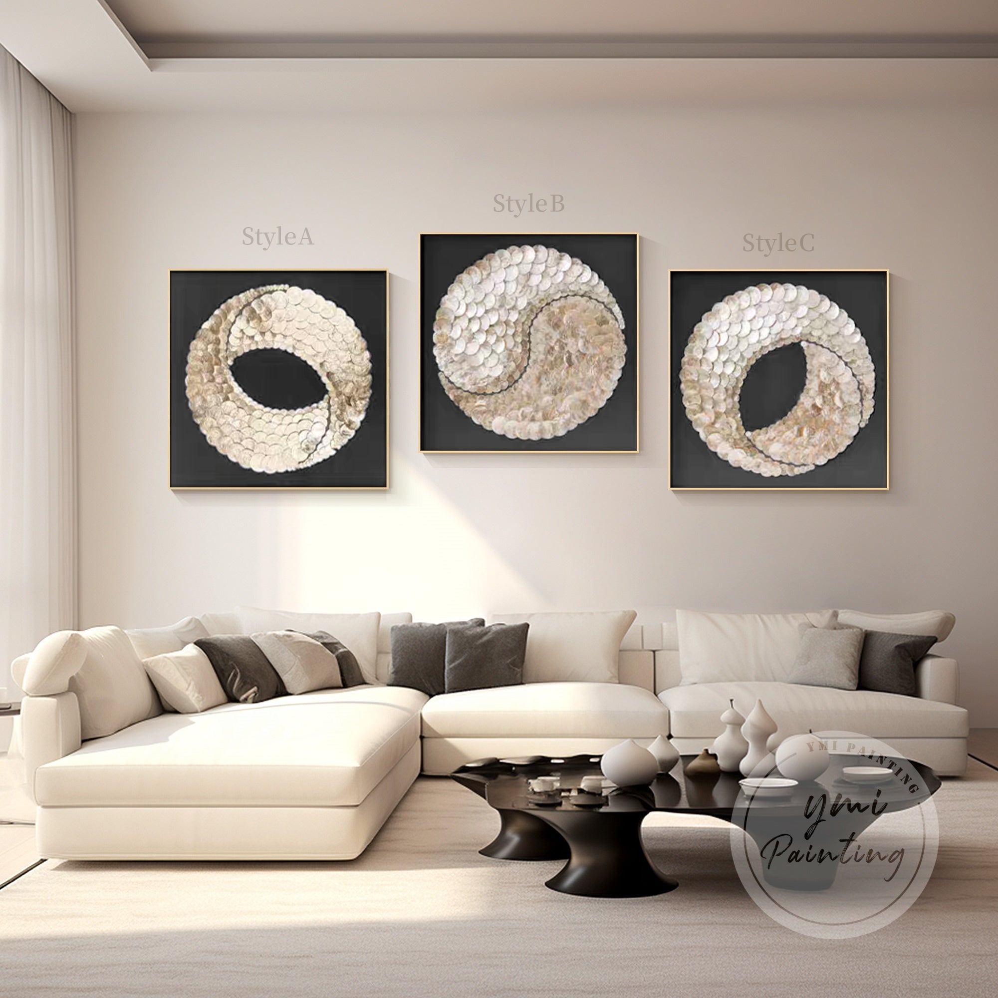 Modern zen-inspired 3D wall sculpture with natural shell shine.