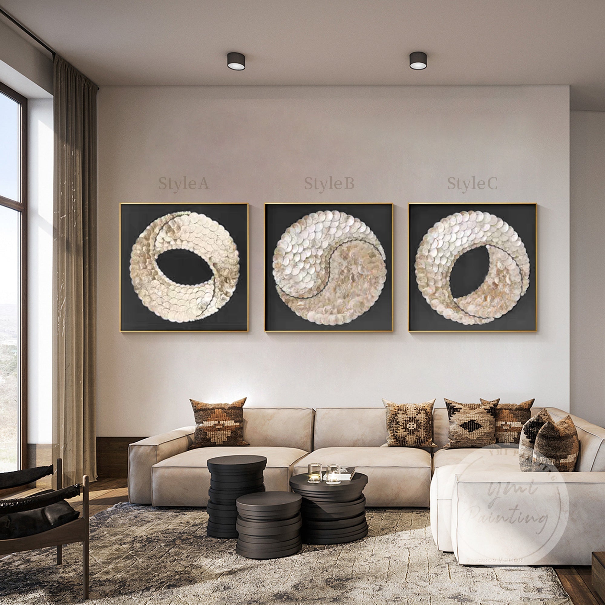 Contrast black and gold wall decor in a symbolic form.