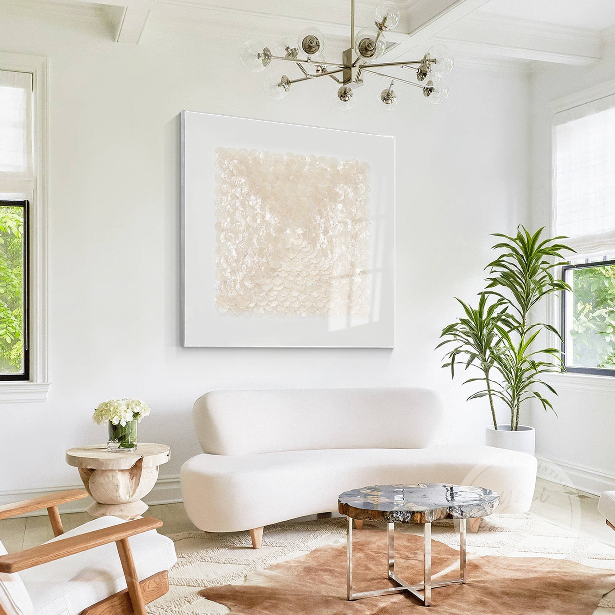 Handmade Gold Capiz Shell Shadow Box Art, blending shimmering shells with modern coastal aesthetics.