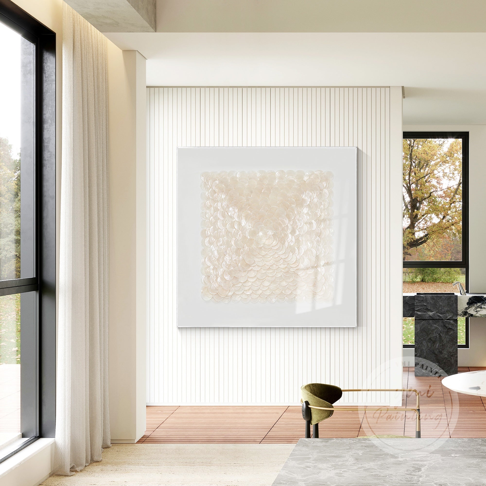 Coastal Wall Art with shimmering gold tones and organic shell textures, ideal for beach-themed interiors.