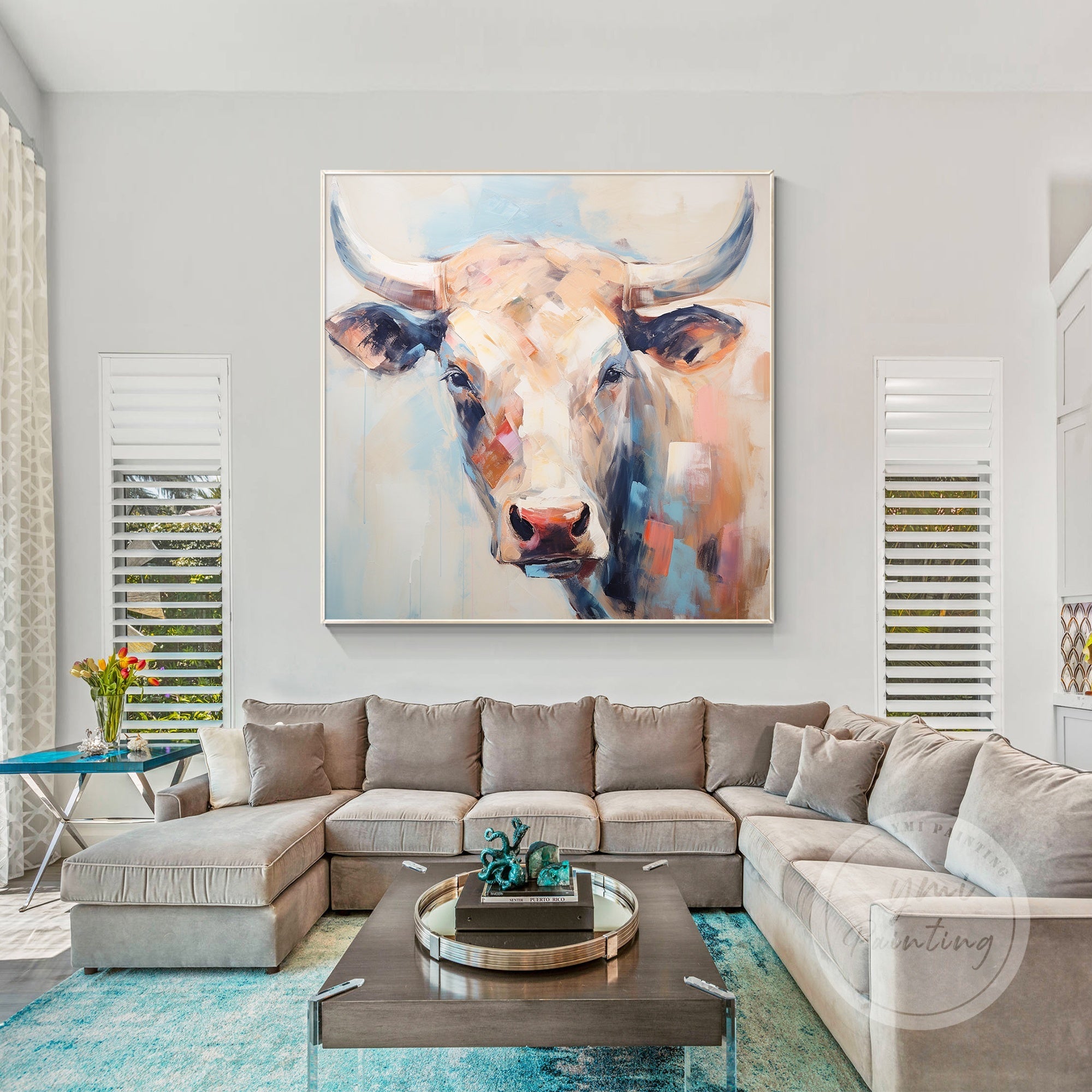 The cow artwork combines lifelike details and contemporary brushstrokes, ideal for elegant bedroom.