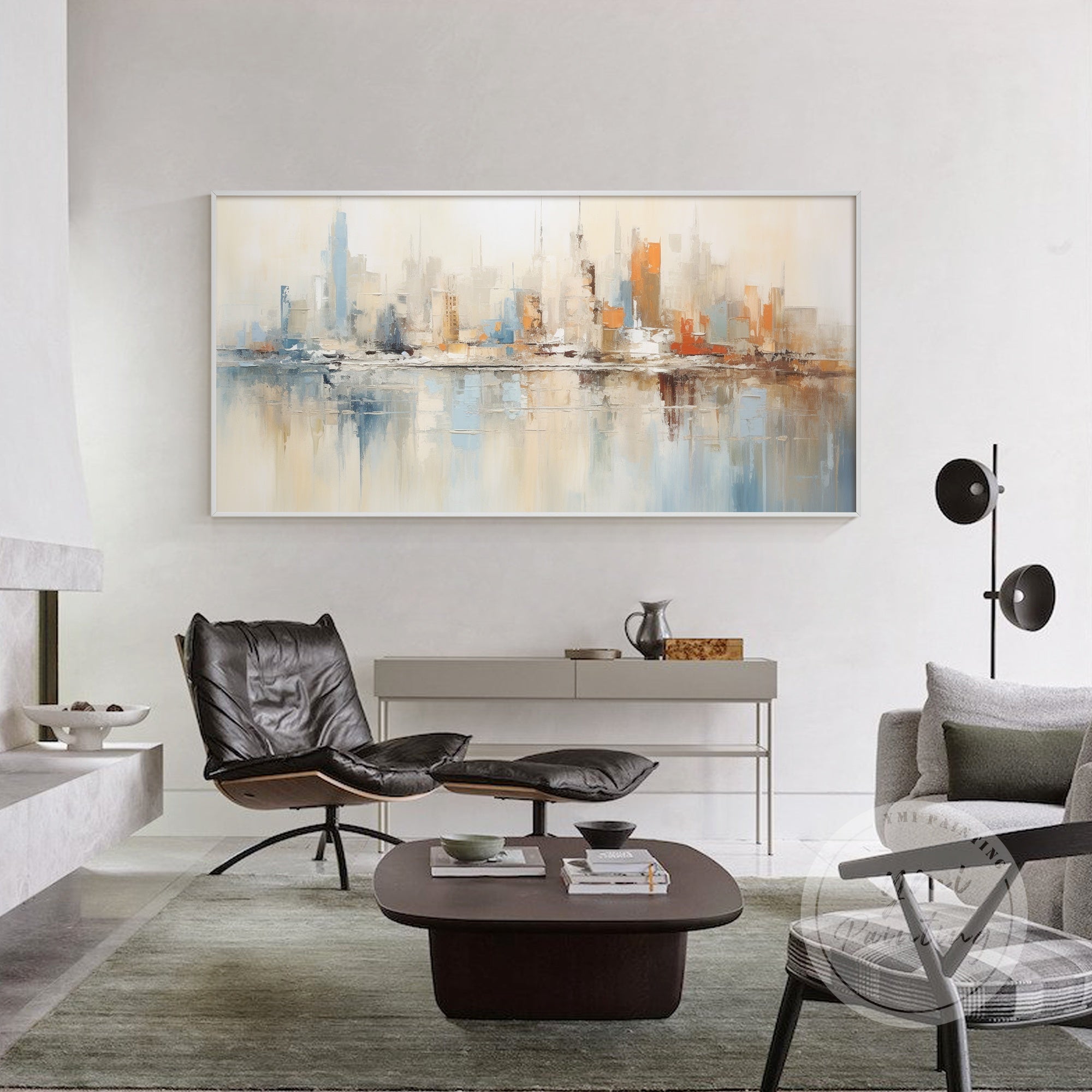 Abstract Chicago skyline painting in beige and blue, perfect for modern office or home decor.