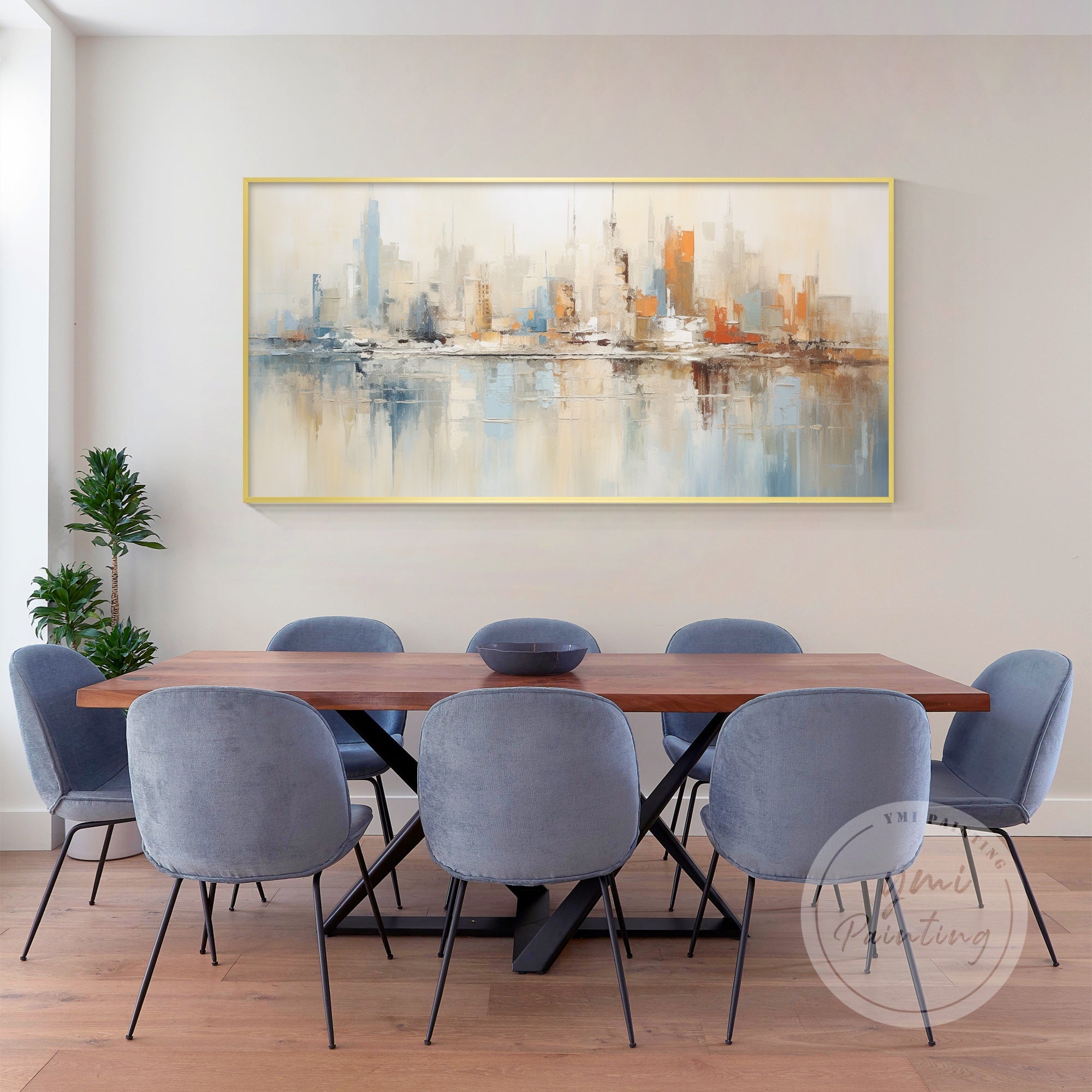 Textured acrylic Chicago painting featuring abstract city elements in beige, blue, and grey.