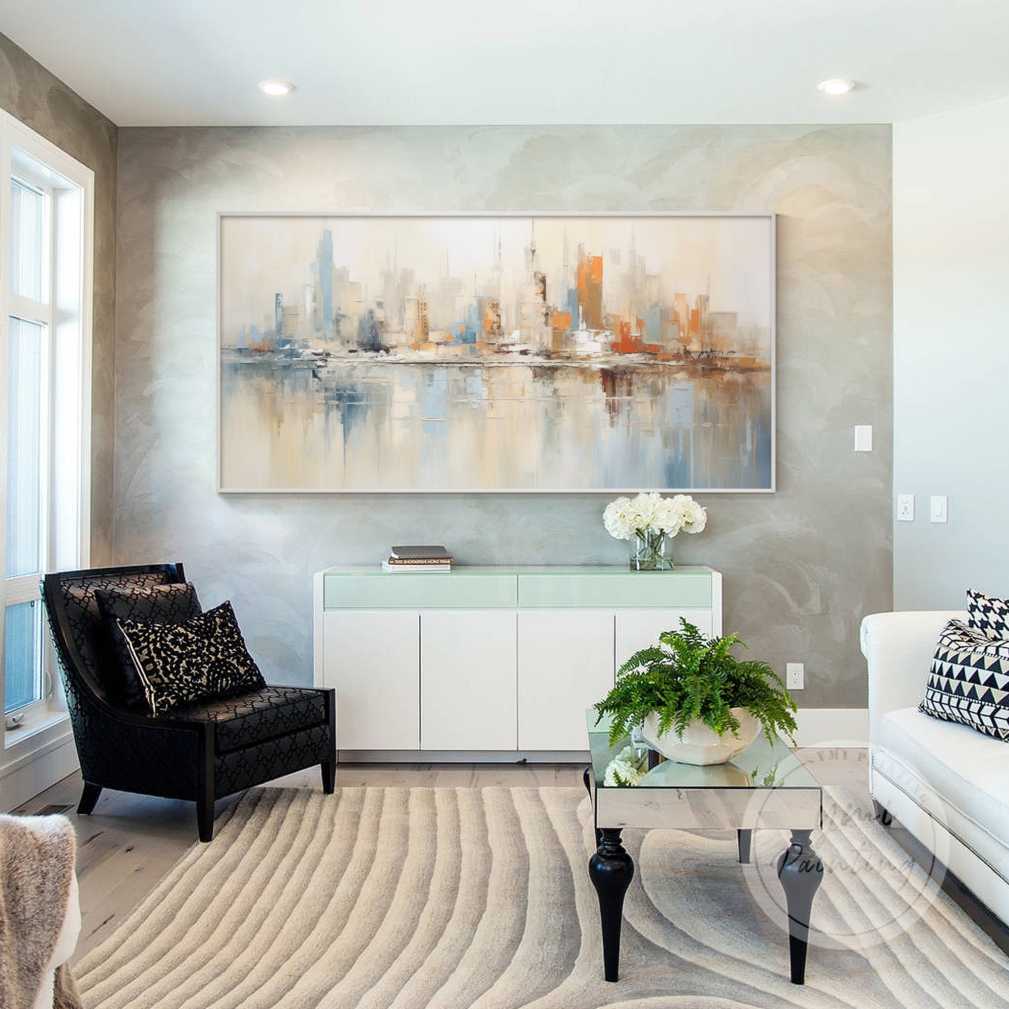 Framed abstract Chicago city painting for contemporary interiors and creative spaces.