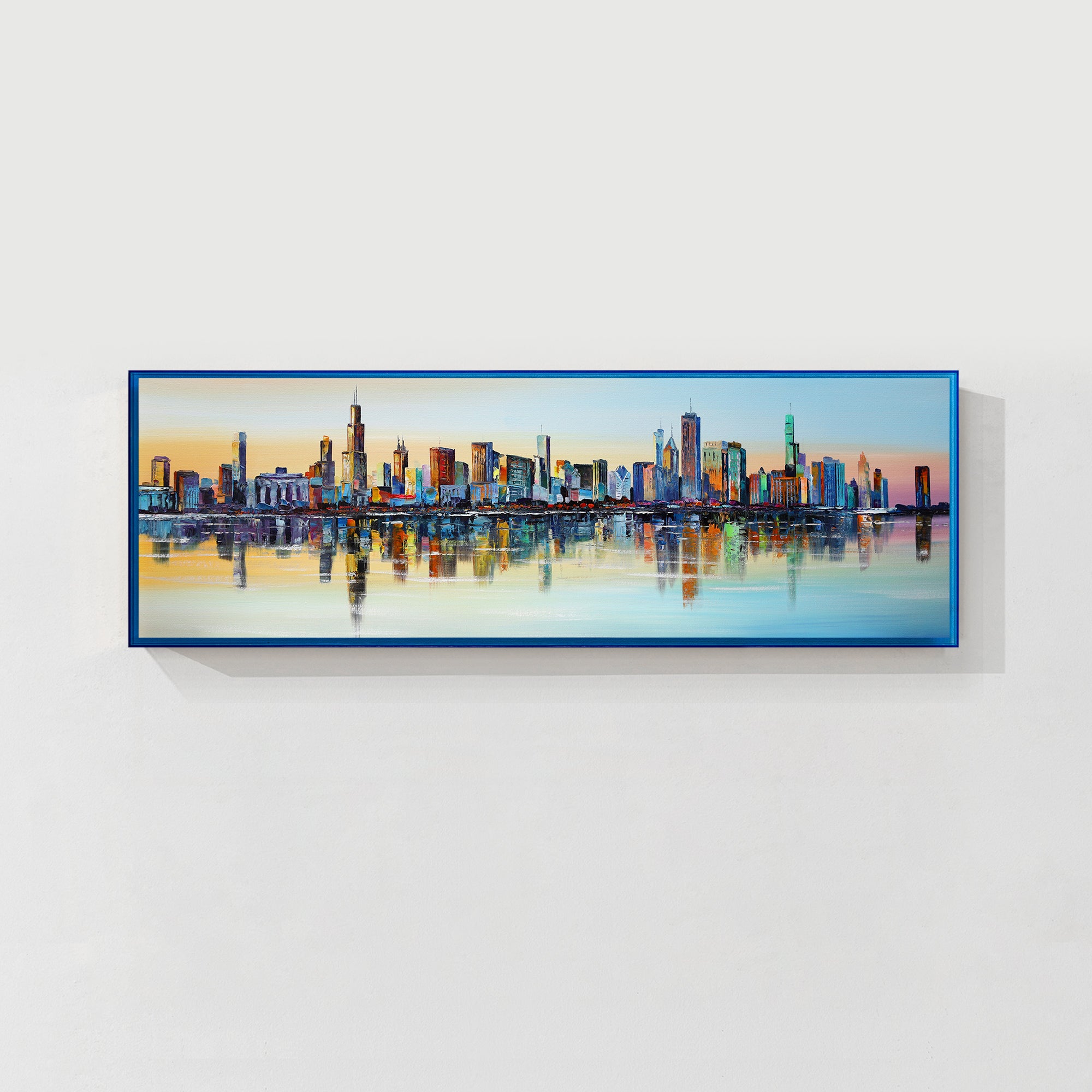 Chicago skyline painting on canvas with floating frame, perfect for modern city wall art.