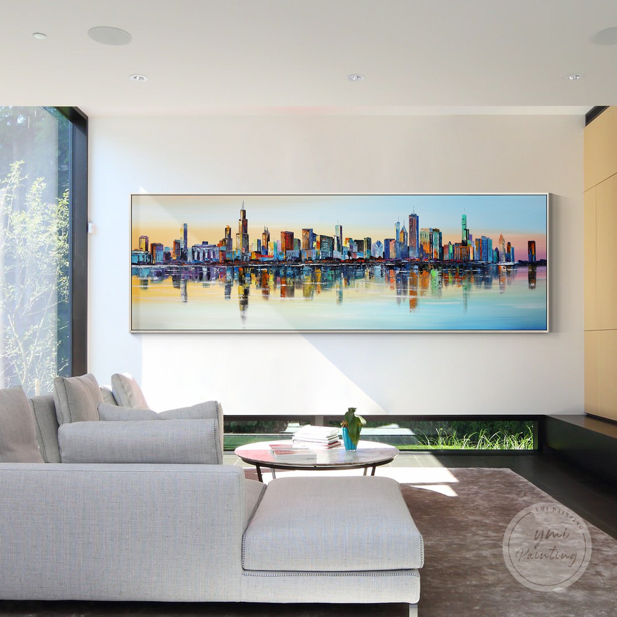 Hand-painted abstract cityscape of Chicago with rich textures, ideal for creative and dynamic interiors.