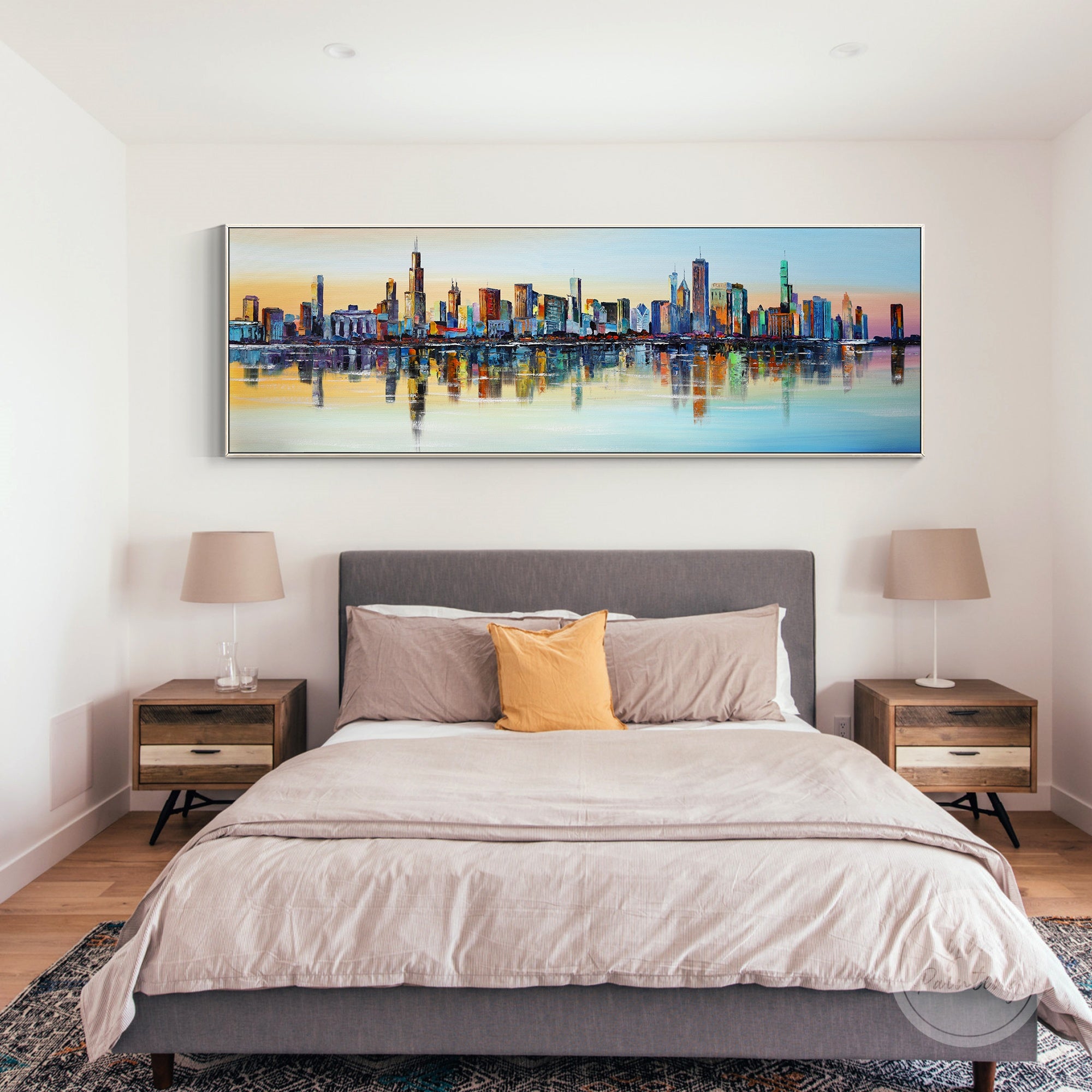 Abstract colorful Chicago skyline painting, adding sophistication and style to any interior.