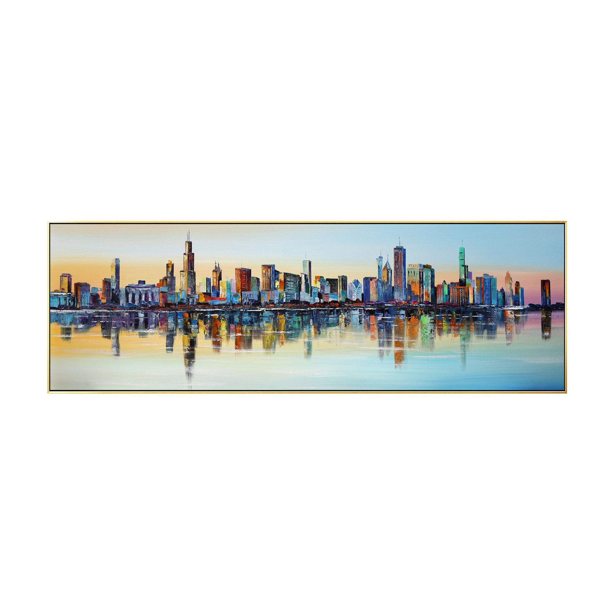 Textured Chicago cityscape wall art, vibrant and energetic, perfect for creating a bold statement.