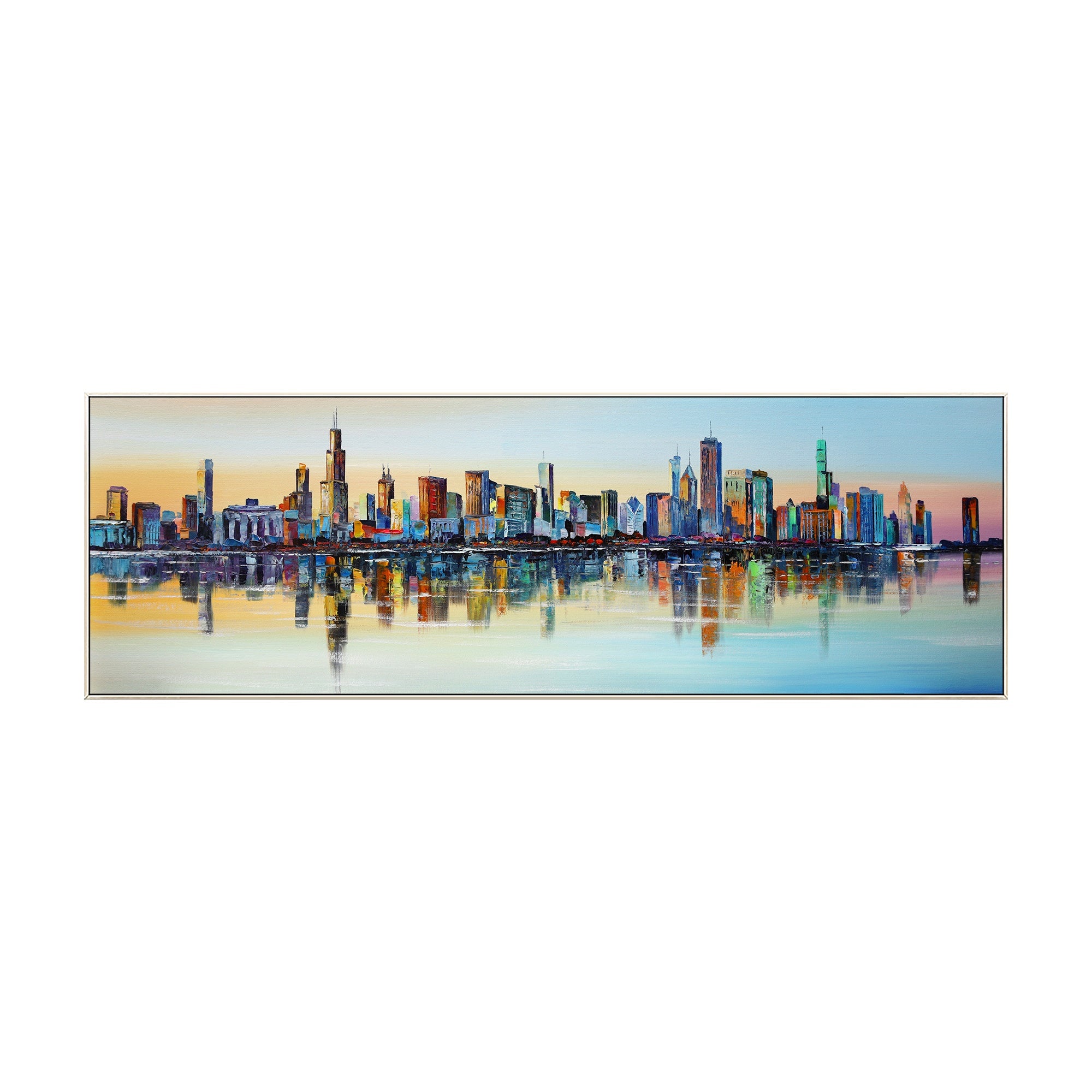 Colorful abstract city art of Chicago, framed and ready to bring dynamic energy into your home.