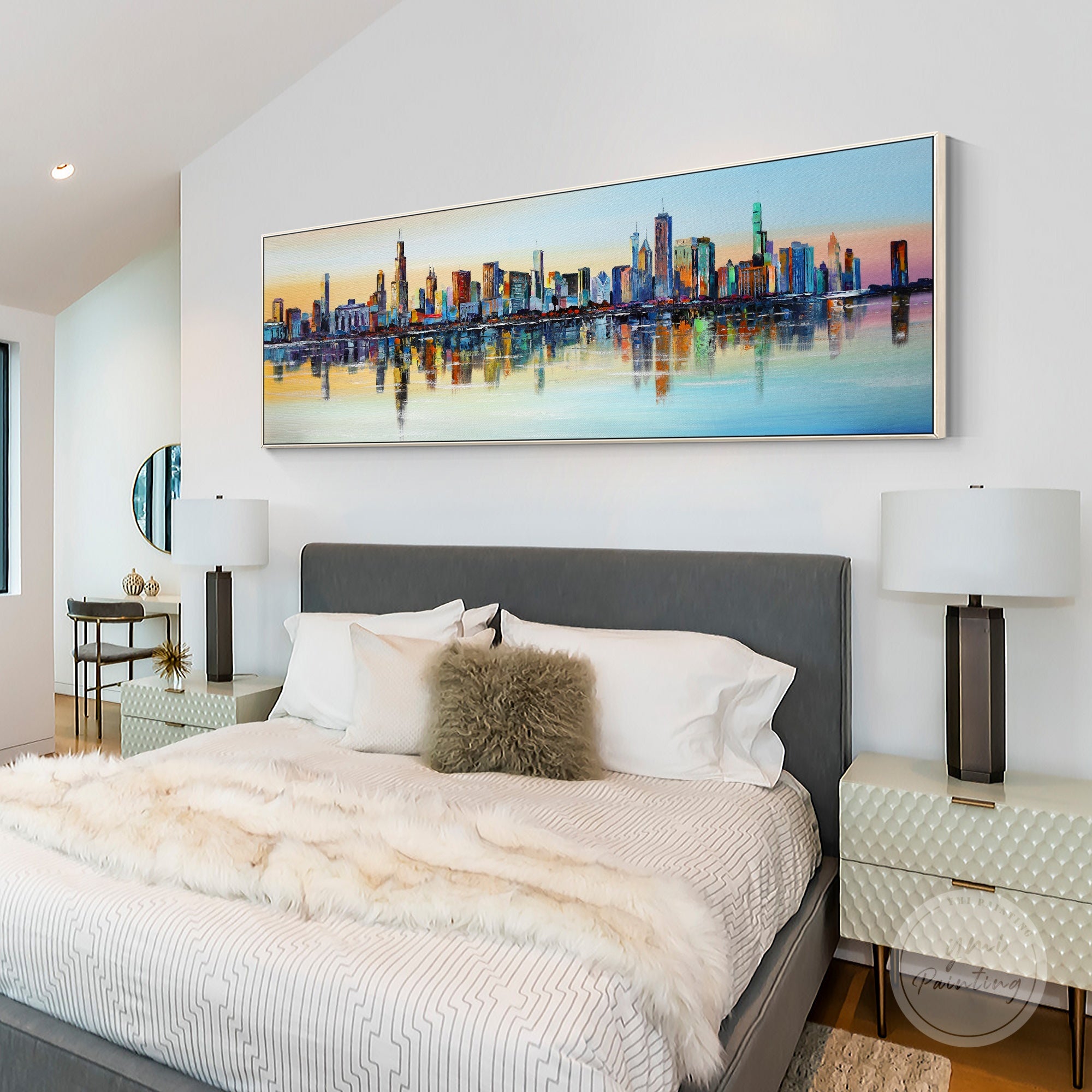 Framed canvas Chicago skyline painting, featuring vibrant abstract textures and bold colors.