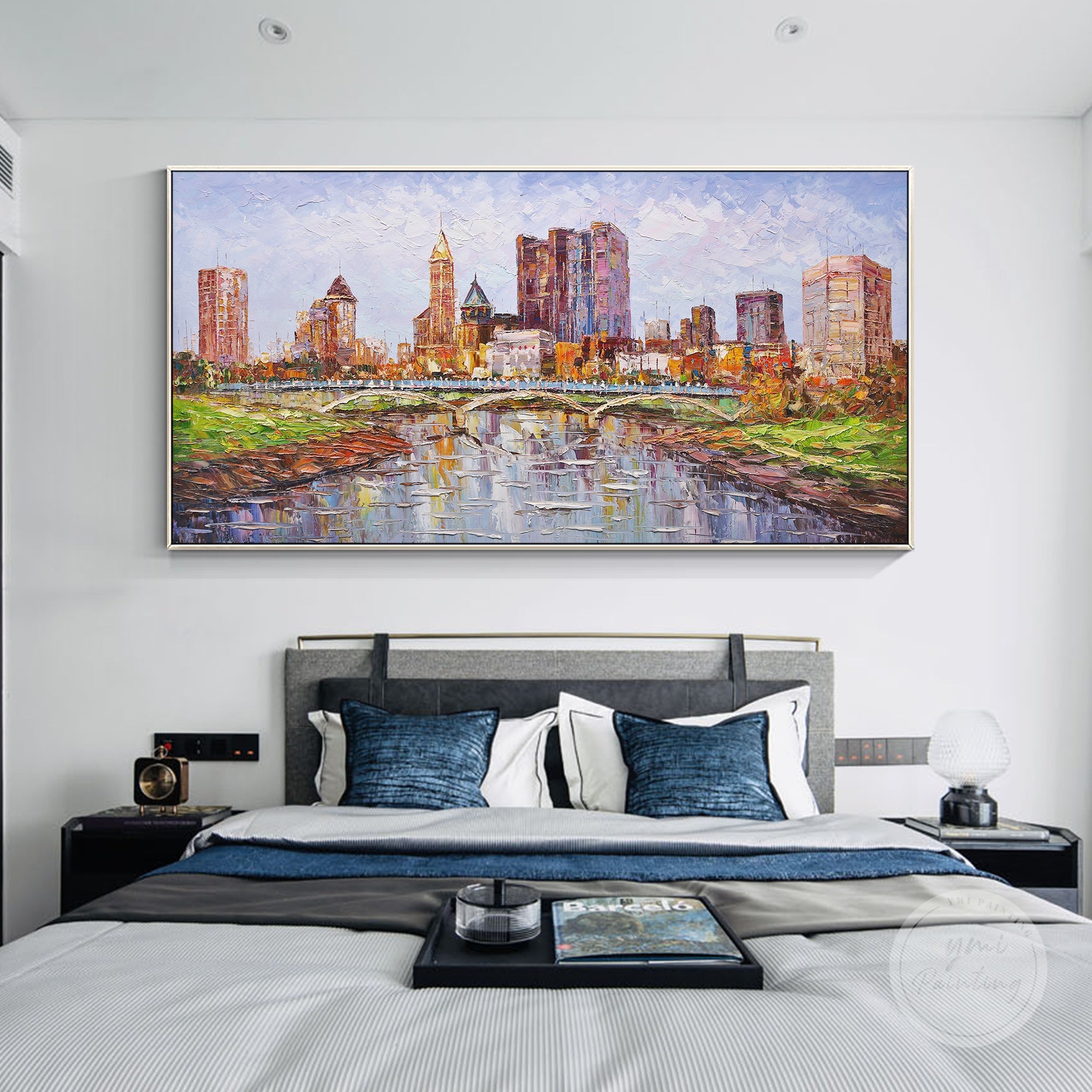 Columbus Ohio skyline oil painting with vibrant abstract colors and bold textures, perfect for urban decor.