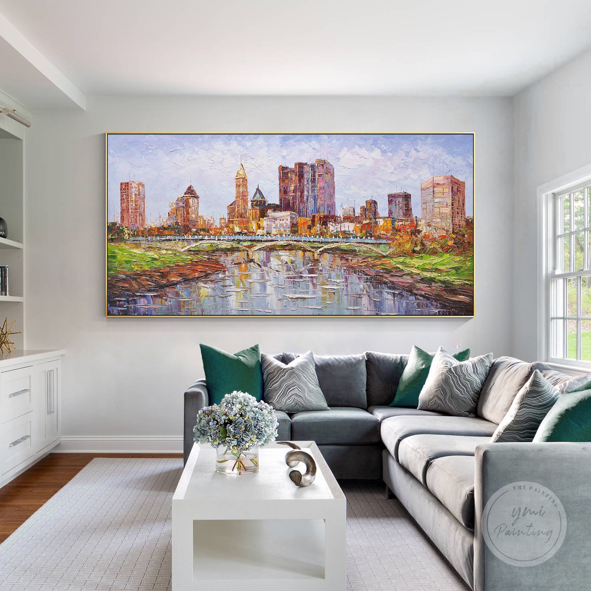 Hand-painted Columbus Ohio cityscape painting, using palette knife techniques for a unique textured finish.