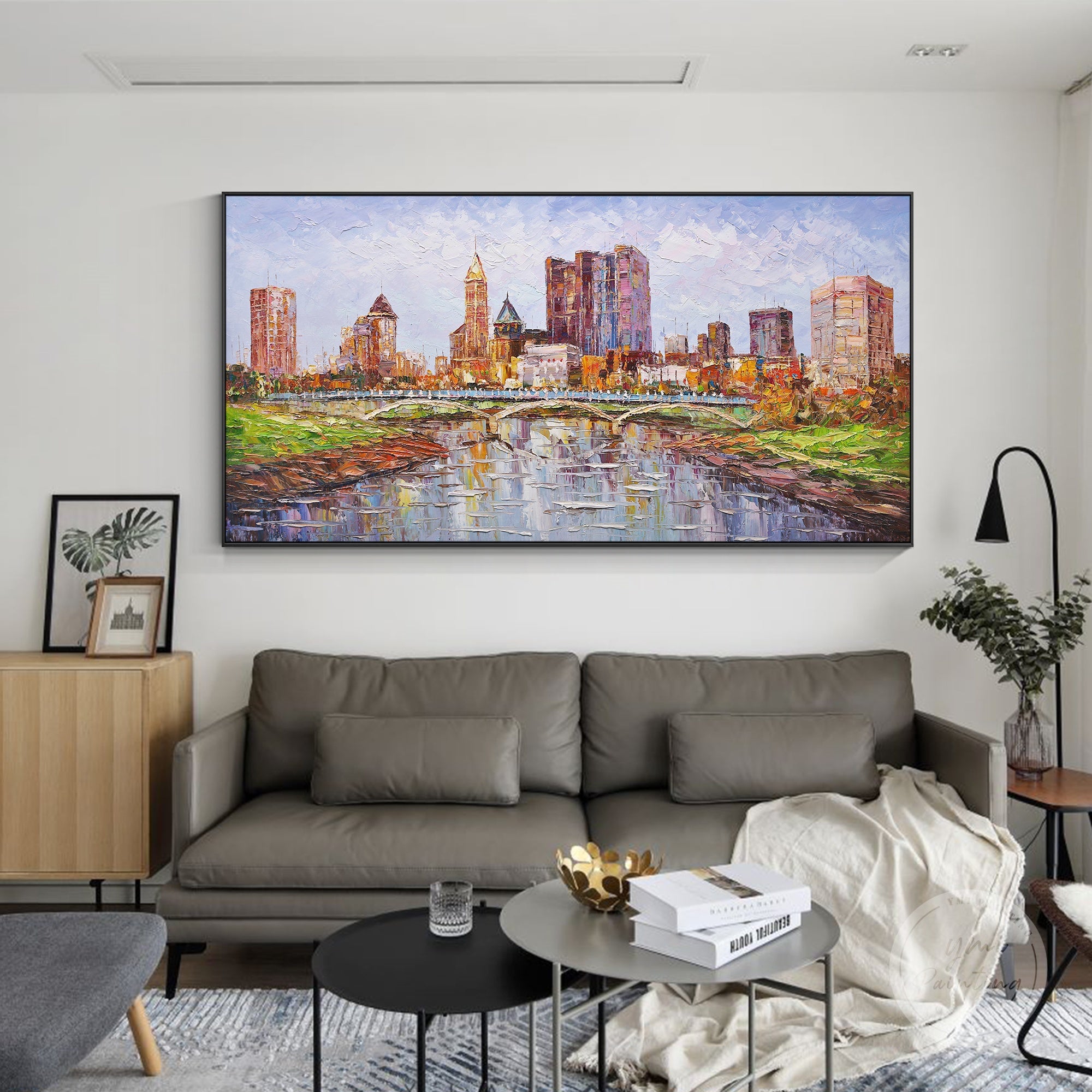 Abstract oil painting of Columbus, Ohio skyline, showcasing bold brushstrokes and dynamic energy.
