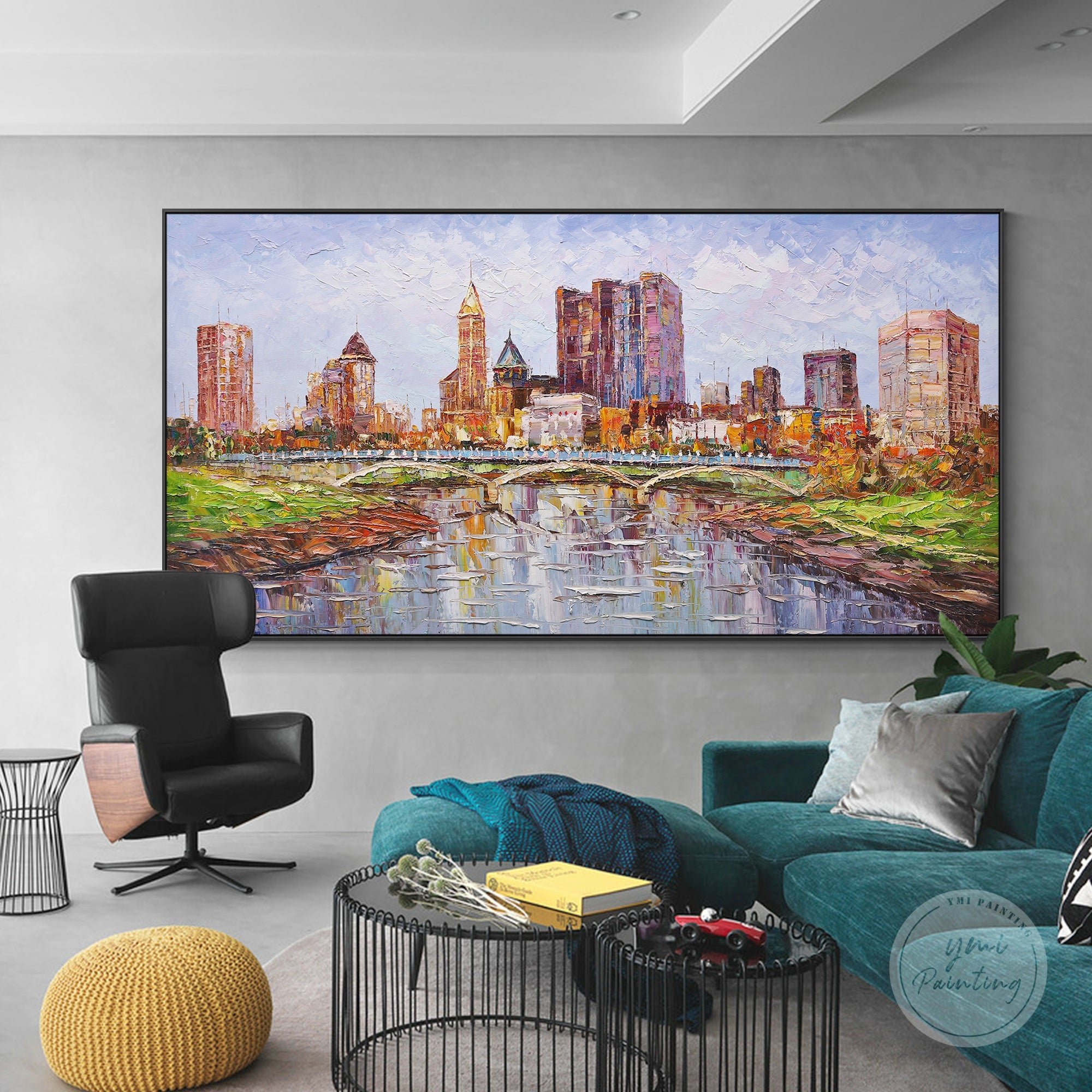 Textured Columbus Ohio cityscape painting, ideal for urban-inspired living rooms or offices.