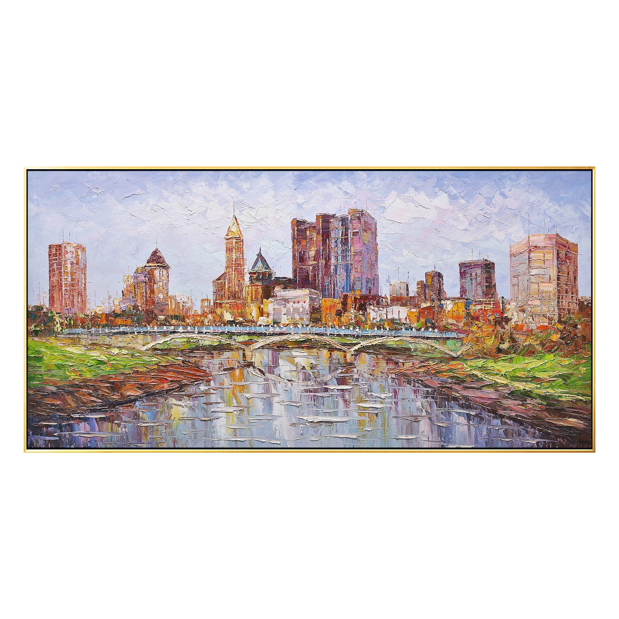 Hand-painted abstract Columbus Ohio skyline, capturing the spirit of the city with rich colors and textures.